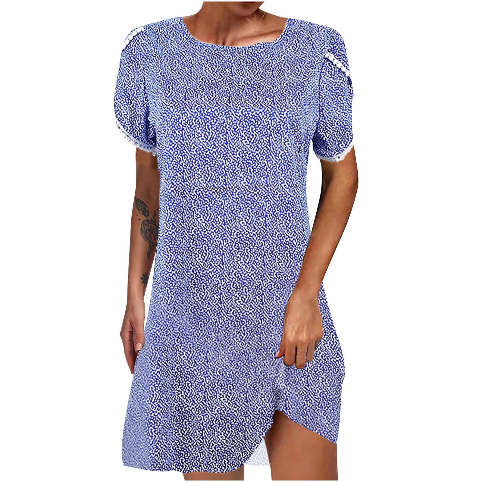 Elegant Women's Floral Printed Lace Round Neck Short Sleeve Mini Dress - Casual & Dressy Basic Tops for Party, Date Night and Summer Outfits