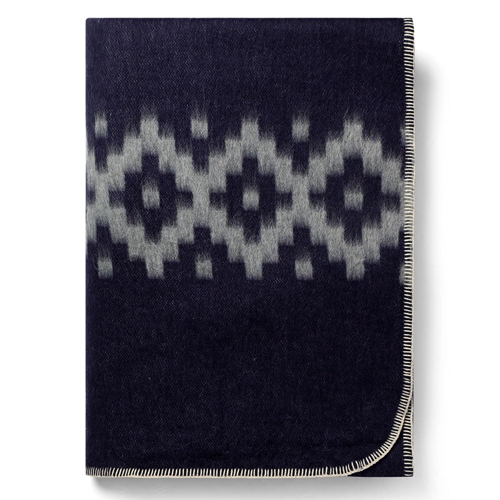 Premium Thick Alpaca Wool Blanket - Heavyweight Queen Size Warm Throw for Camping, Outdoors & Home - Soft Peruvian Handmade Ethnic Design (Navy Blue & Gray) - Perfect for Cozy Nights, Picnics & Cabin Getaways