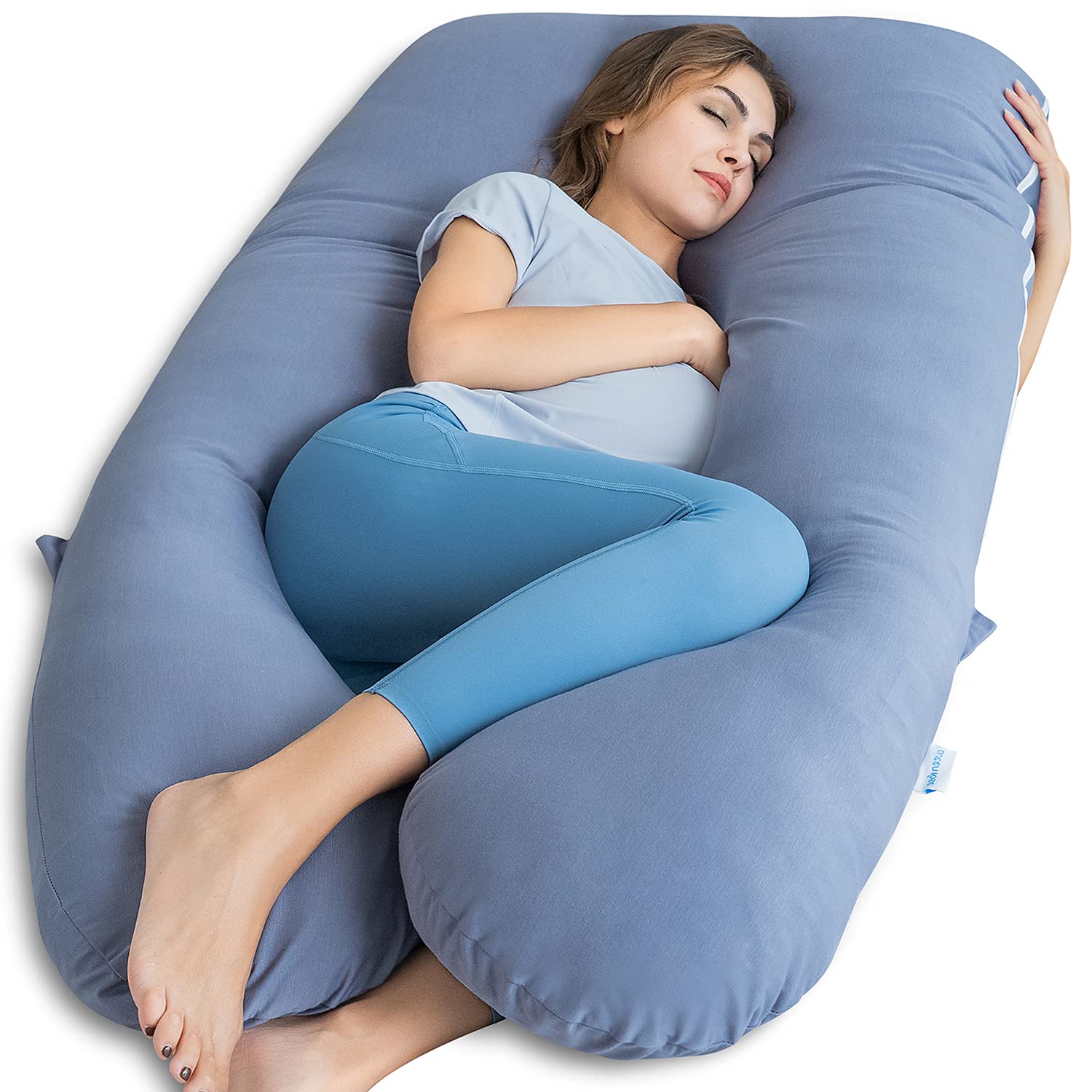 QUEEN ROSE Extra Long Cooling U-Shaped Pregnancy Pillow for Sleeping - Maternity Body Support for Pregnant Women & Adults with Soft Silky Cover (Blue) | Perfect for Back Pain Relief, Side Sleepers & Comfort During Pregnancy