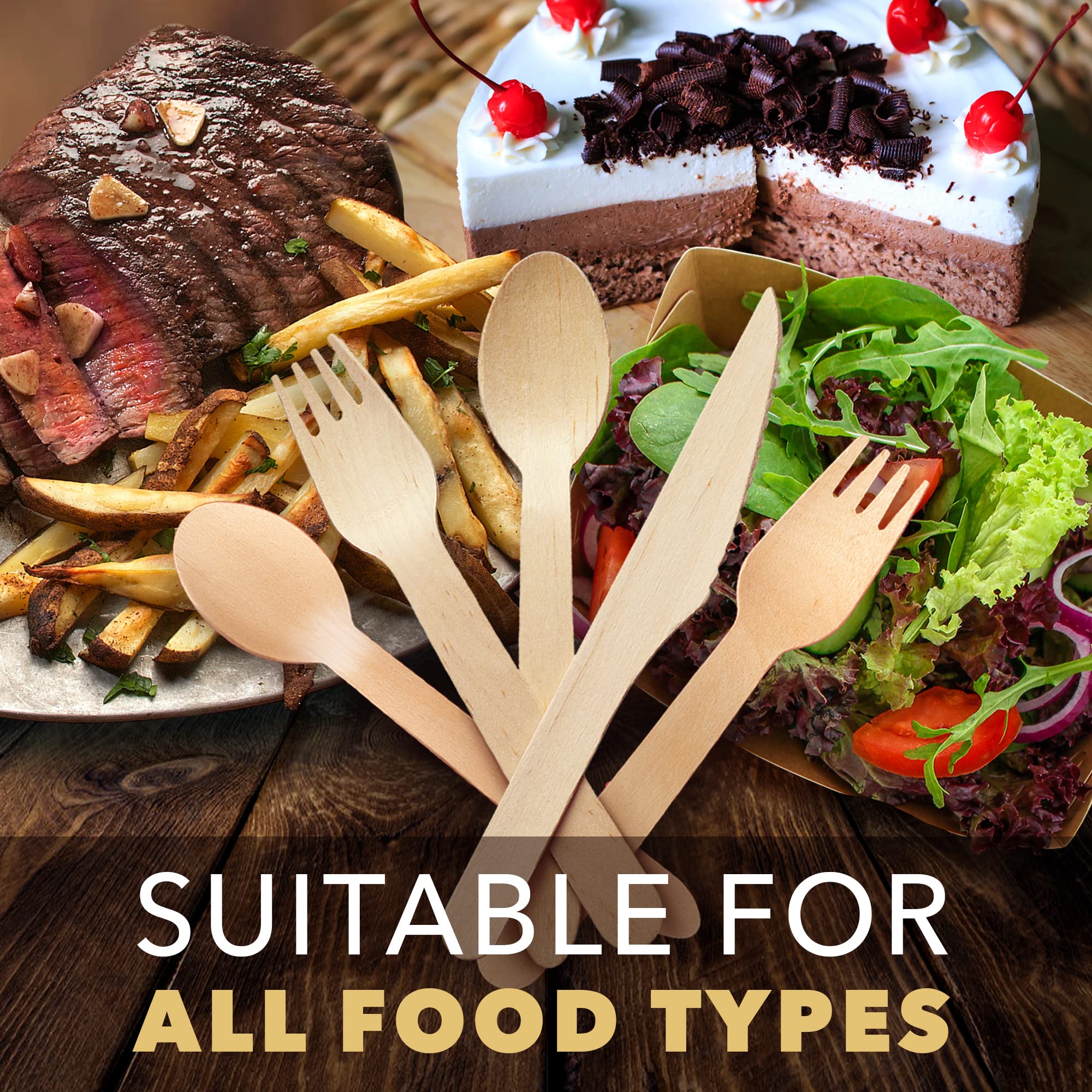 Eco-Friendly Disposable Wooden Cutlery Set - 300 Pieces (100 Forks, 100 Knives, 100 Spoons) | Biodegradable, Compostable & Splinter-Free Utensils | Plastic-Free Packaging | Perfect for Parties, Picnics, BBQs & Catering Events