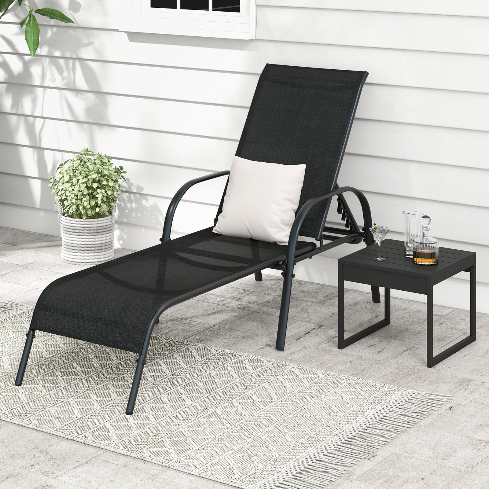 Giantex Adjustable Patio Lounge Chair - 5-Position Reclining Outdoor Chaise with Sturdy Steel Frame - Perfect for Sunbathing, Beach, Poolside, Backyard & Balcony Relaxation - Black