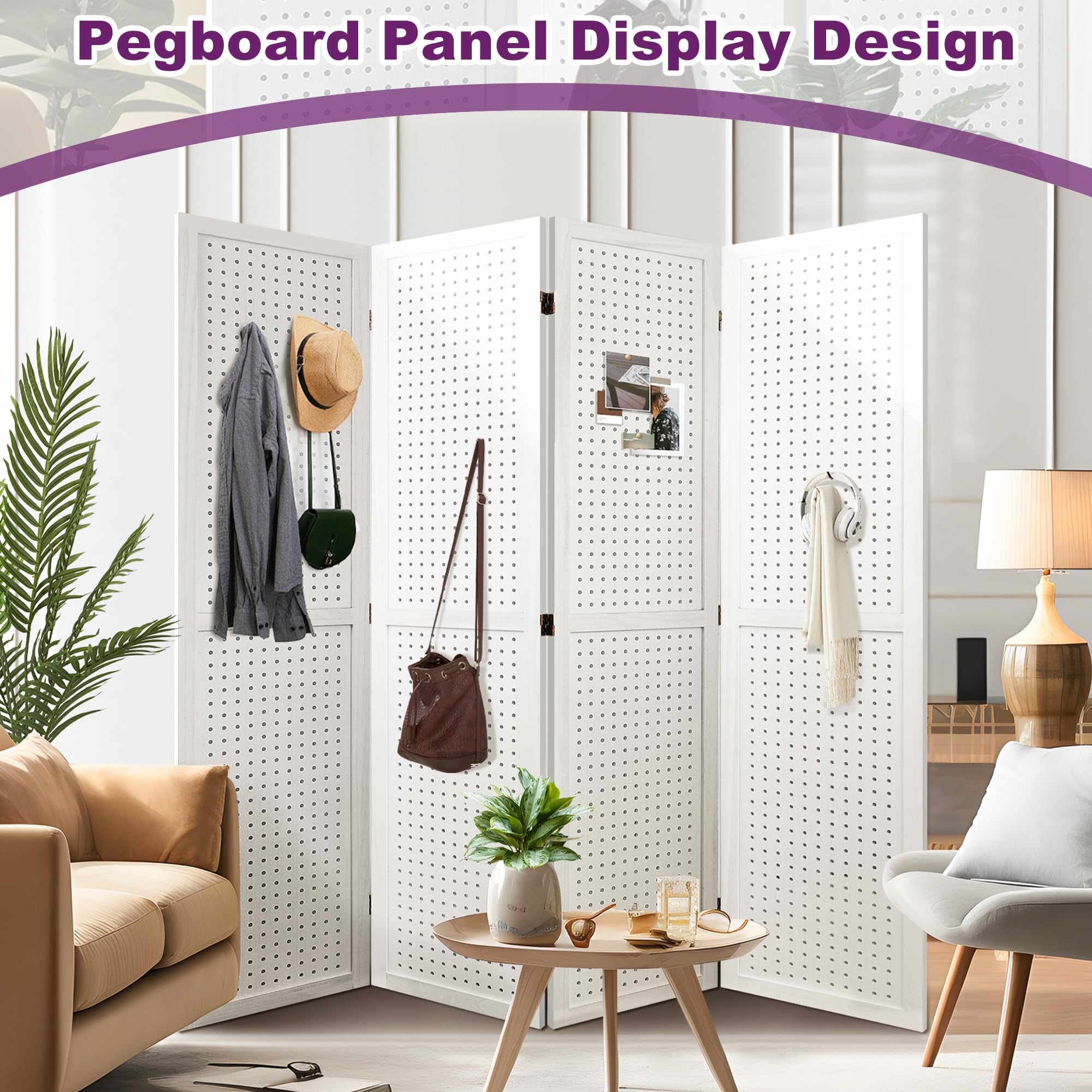 5.6FT Folding Room Divider Panel - 4 Panel Pegboard Wood Partition Wall for Home Office, Craft Shows & Room Separation - White - Perfect for Home Decor, Trade Shows & Space Organization