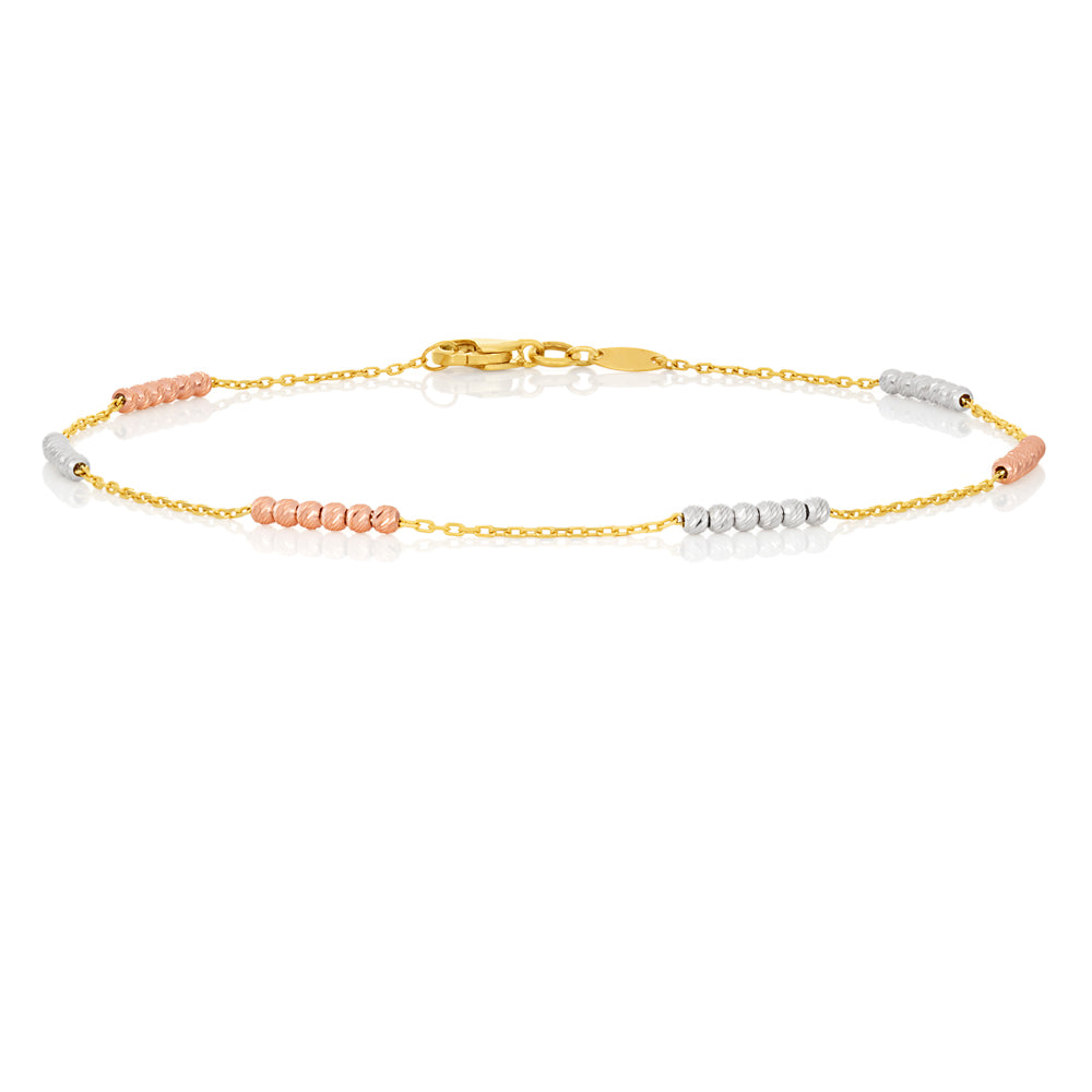 9ct Yellow Gold Anklet 23cm with 3-Tone Beads - Elegant Adjustable Ankle Bracelet for Women, Perfect for Beach, Party & Everyday Wear