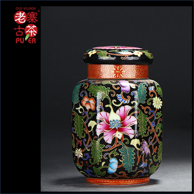 Premium Porcelain Tea Caddy from Jingdezhen Kangxi Famille Rose - Black Enamel Tea Storage Canister - Luxury Gift for Tea Lovers - Perfect for Home, Office & Tea Ceremonies