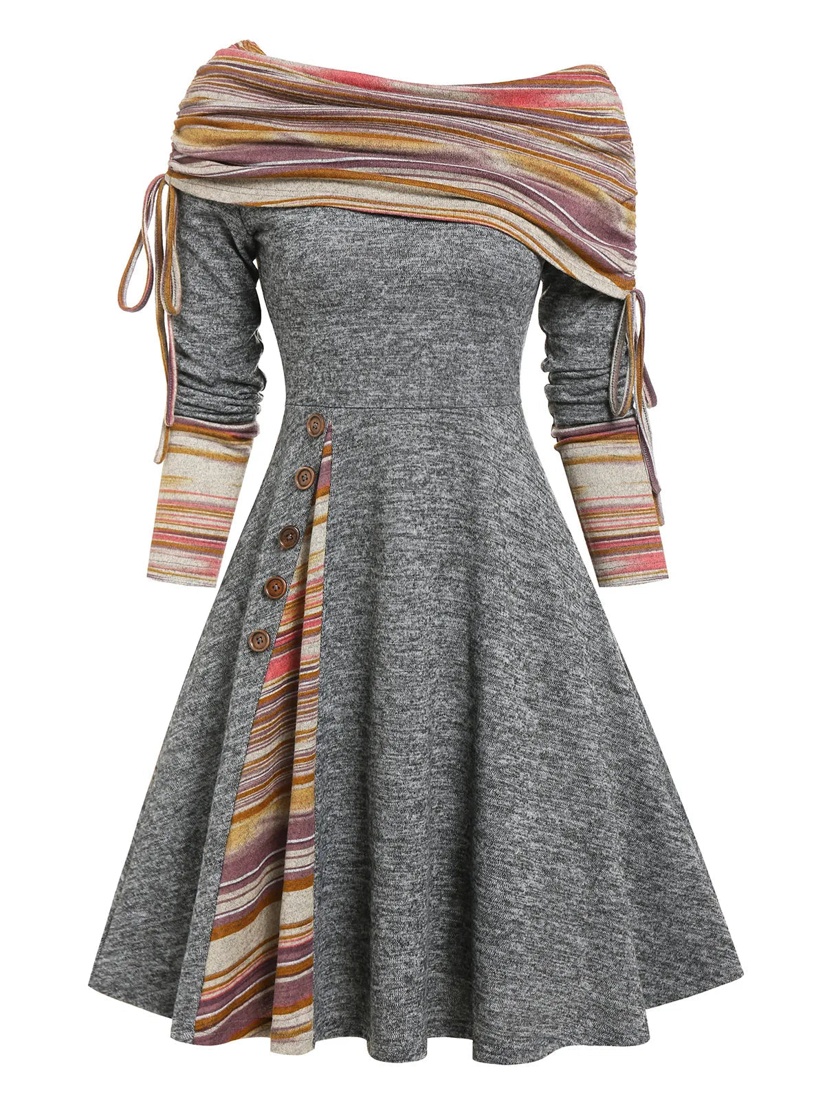 **Women's 2024 Striped Knit Convertible Dress - Off Shoulder, Long Sleeve, Cinched Waist & Flare Hem | Perfect for Date Night, Parties & Casual Outings**