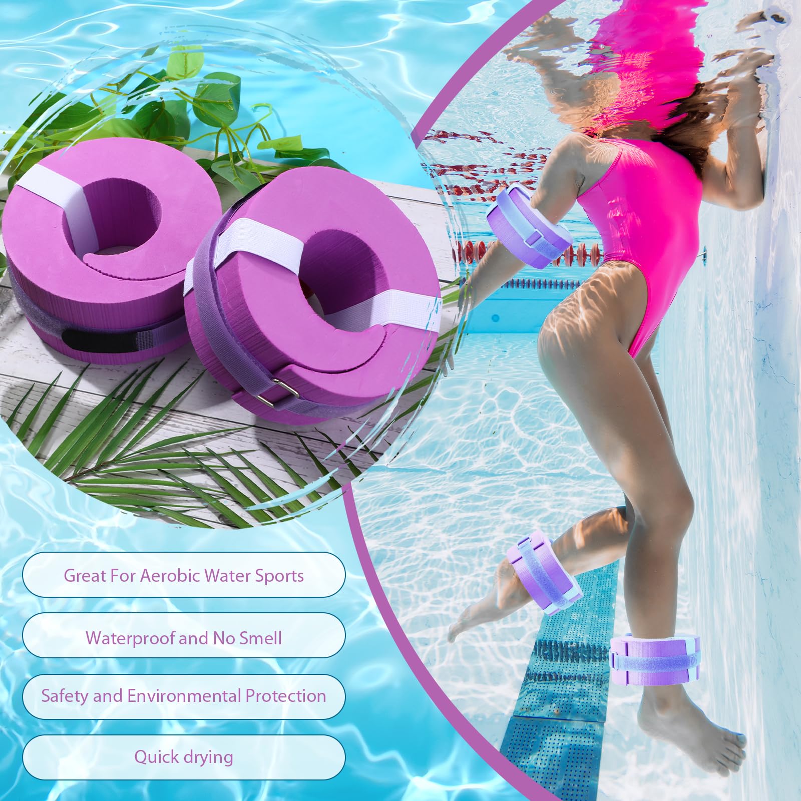 2 Pcs Foam Swim Aquatic Cuffs - Water Aerobics Float Rings with Detachable Hook & Loop Fastener - Swimming Fitness Training Equipment for Pool Workouts & Exercise - Perfect for Water Aerobics, Swim Training, and Aquatic Therapy