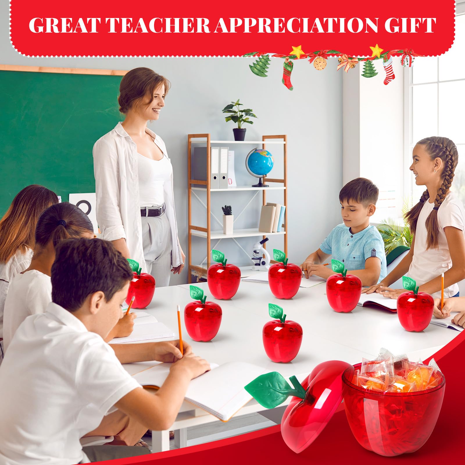 Farochy Large Red Apple Shaped Plastic Container - 4 Pack | Candy Storage, Teacher Appreciation Gift, Back to School Supplies | Perfect for Classroom Treats, Party Favors & Holiday Decorations