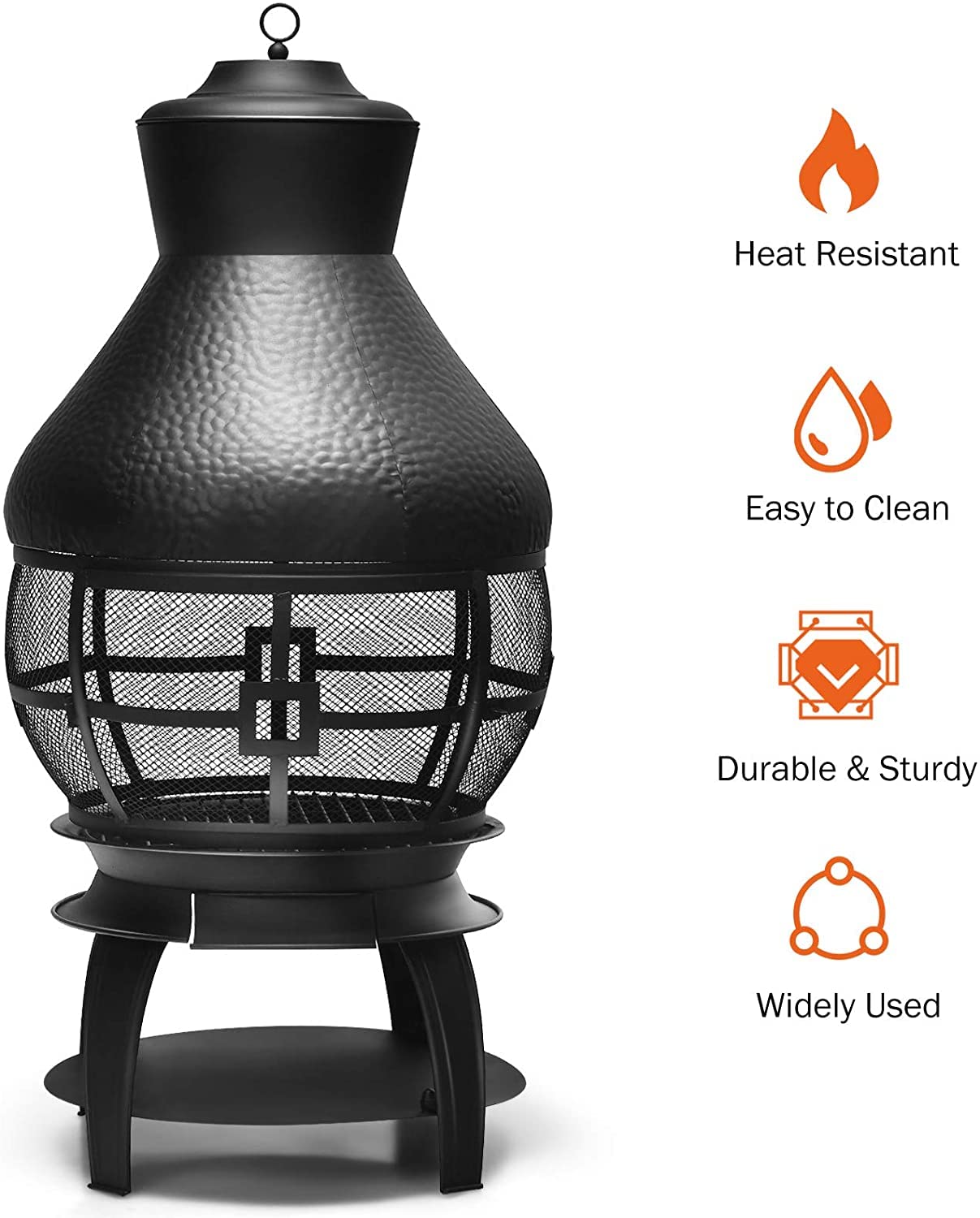 SAFSTAR Outdoor Cast Iron Chiminea - Wood Burning Fire Pit with Fire Poker & 360° Fire Retardant Mesh Cover - Durable Patio Chiminea for Backyard, Garden, and Camping Fireplace Use