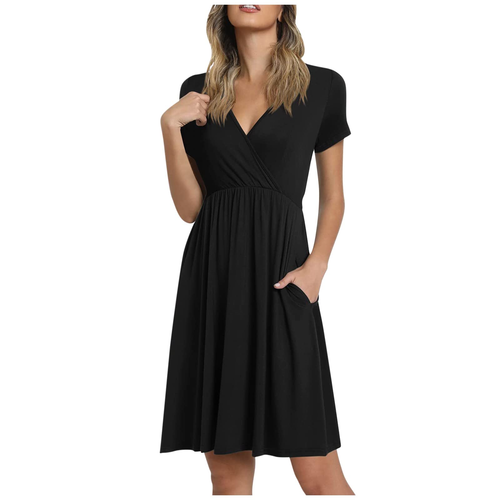 Elegant Summer Wedding Guest Dress for Women - Casual Loose Fit V-Neck Short Sleeve Solid Color Dress Size 8 - Perfect for Outdoor Ceremonies, Bridal Showers & Mother of the Bride