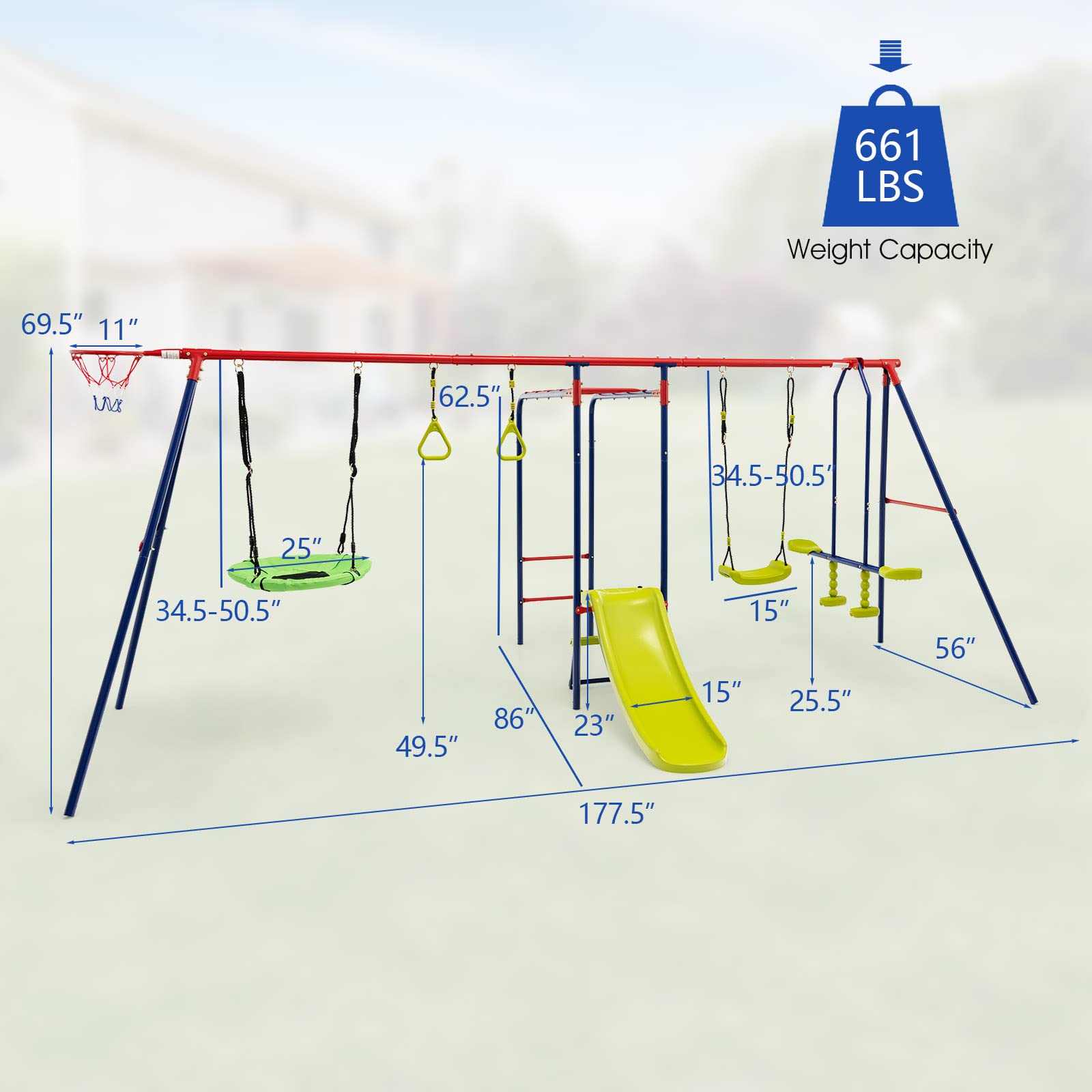 OLAKIDS 7-in-1 Heavy Duty Metal Swing Set for Backyard - 660LBS Capacity A-Frame Playset with Monkey Bars, Slide, 2 Swings, Glider, Trapeze Rings & Basketball Hoop | Outdoor Playground Equipment for Kids | Perfect for Backyard Fun, Birthday Gifts & Family Bonding Activities