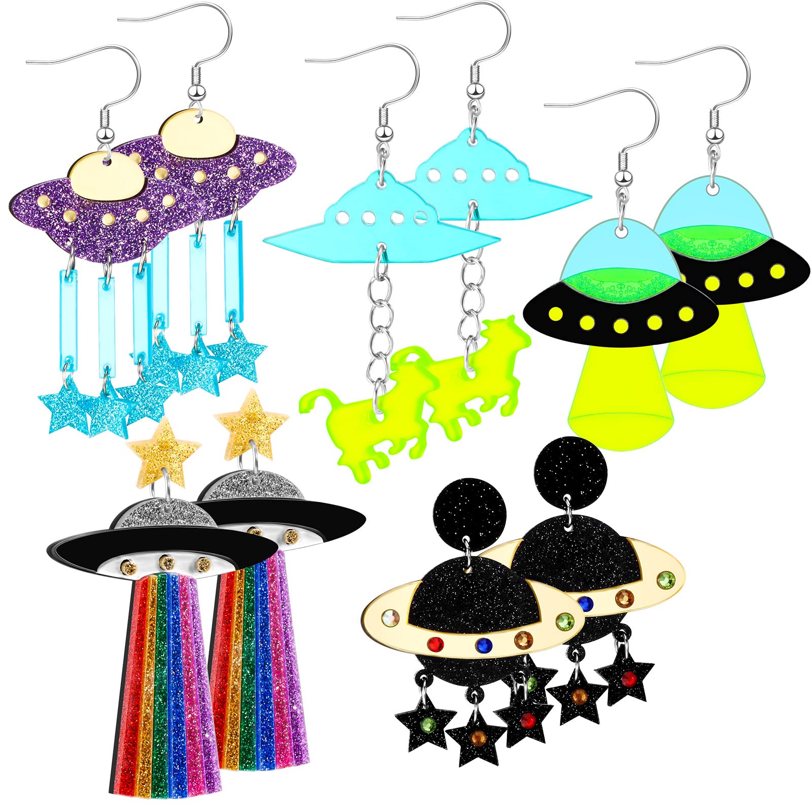 Yinkin 5 Pairs UFO Alien Space Themed Acrylic Planet Earrings for Women - Funky Novelty Dangle Earrings for Halloween Costume, Cosplay, and Unique Fashion Accessories