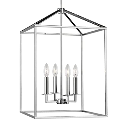 Modern 4-Light Perryton Pendant Chandelier in Chrome - Generation Lighting 5115004-05 - Elegant Ceiling Light Fixture for Home Decor - Uses 60W Candelabra Bulbs - Perfect for Foyer, Living Room, Dining Room and Bedroom Lighting