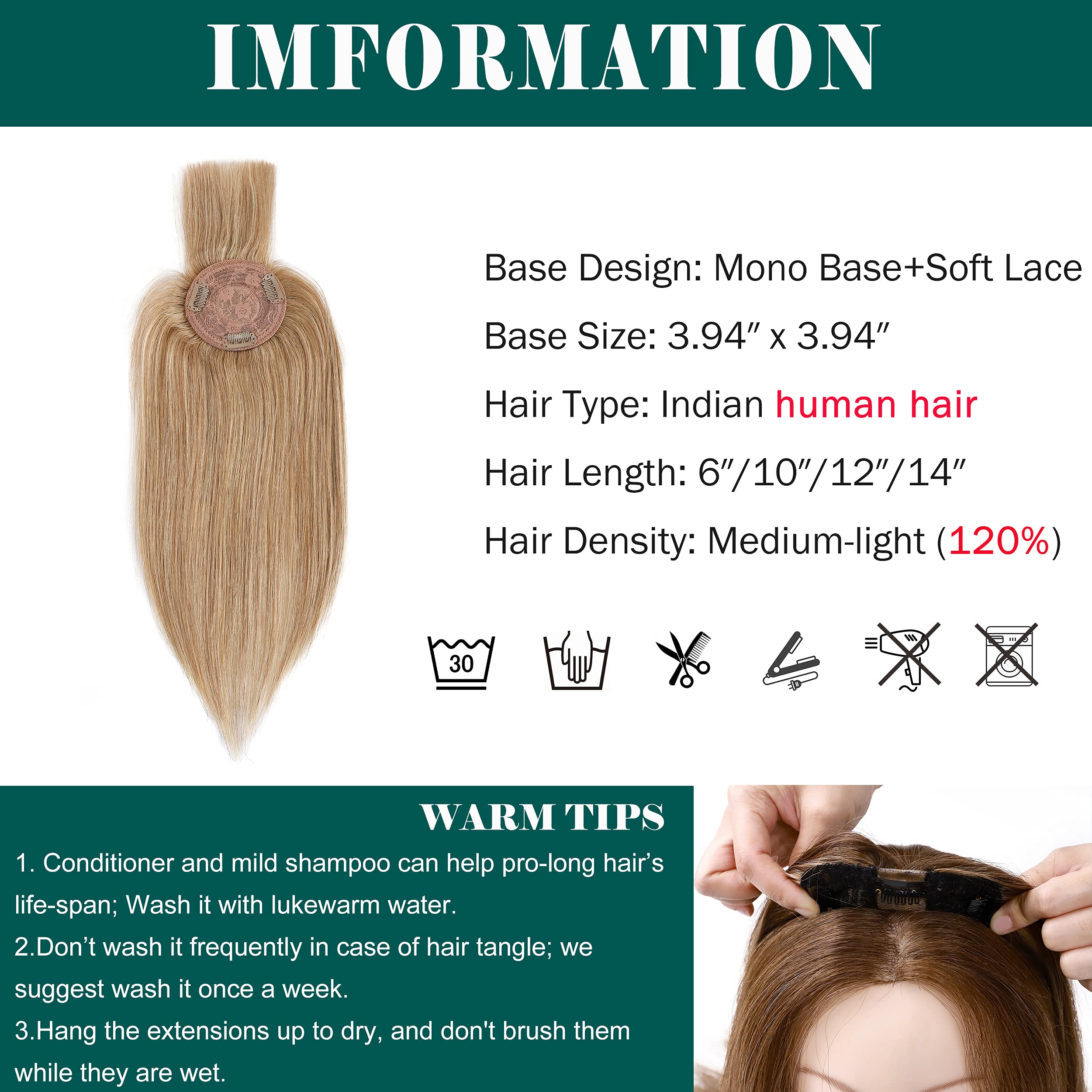 150% Density Human Hair Toppers with Bangs - Mono Base Clip-in Hairpiece for Women with Thinning Hair, Gray Hair & Hair Loss - 14 Inch 38g Dark Blonde - Perfect for Daily Wear, Special Occasions & Hair Volume Enhancement