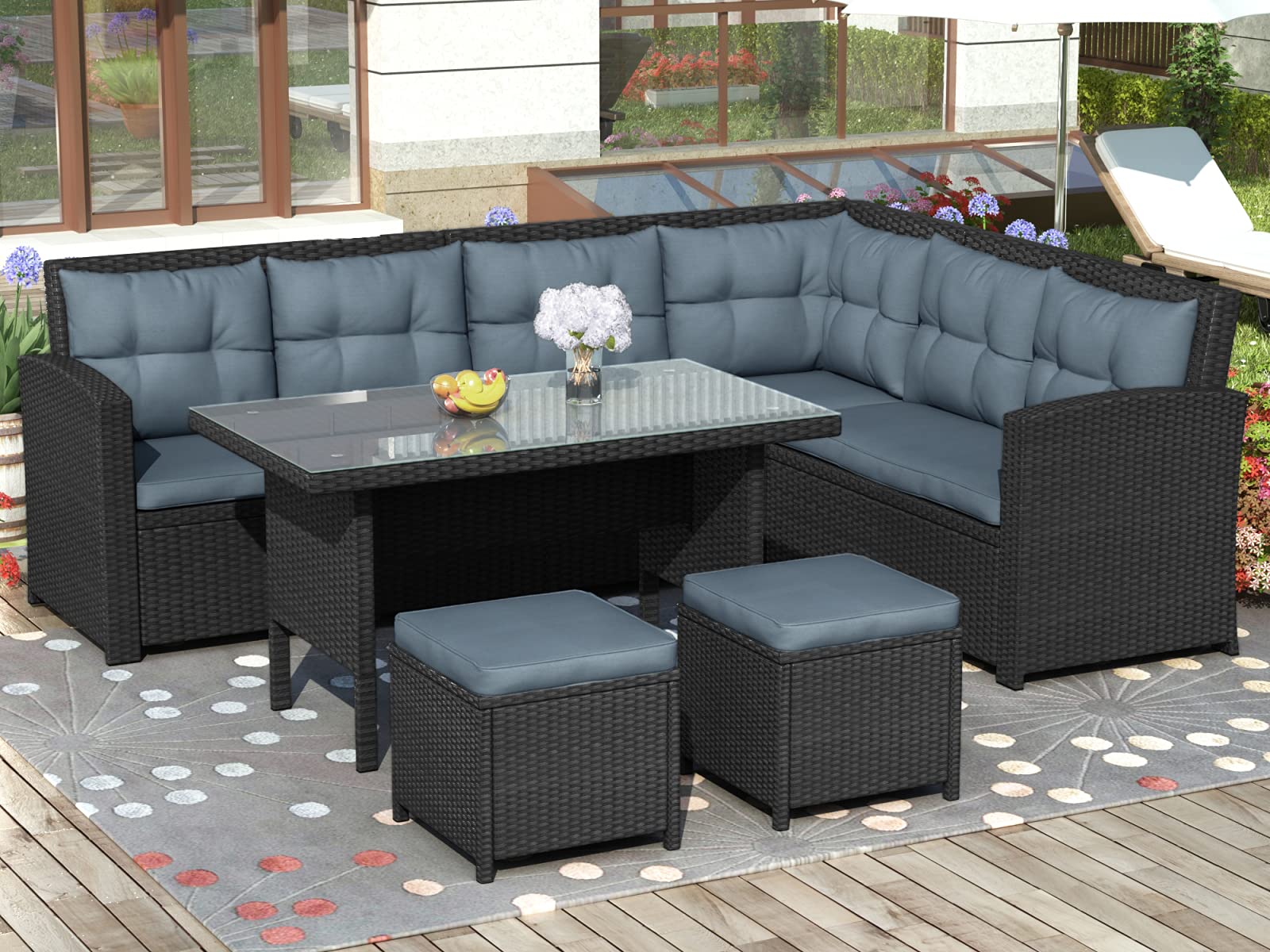 6-Piece All-Weather Wicker Patio Furniture Set with Glass Table & Cushions - Outdoor Balcony Sectional Sofa Conversation Set in Black - Perfect for Poolside, Garden, Lawn, Backyard & Patio Relaxation