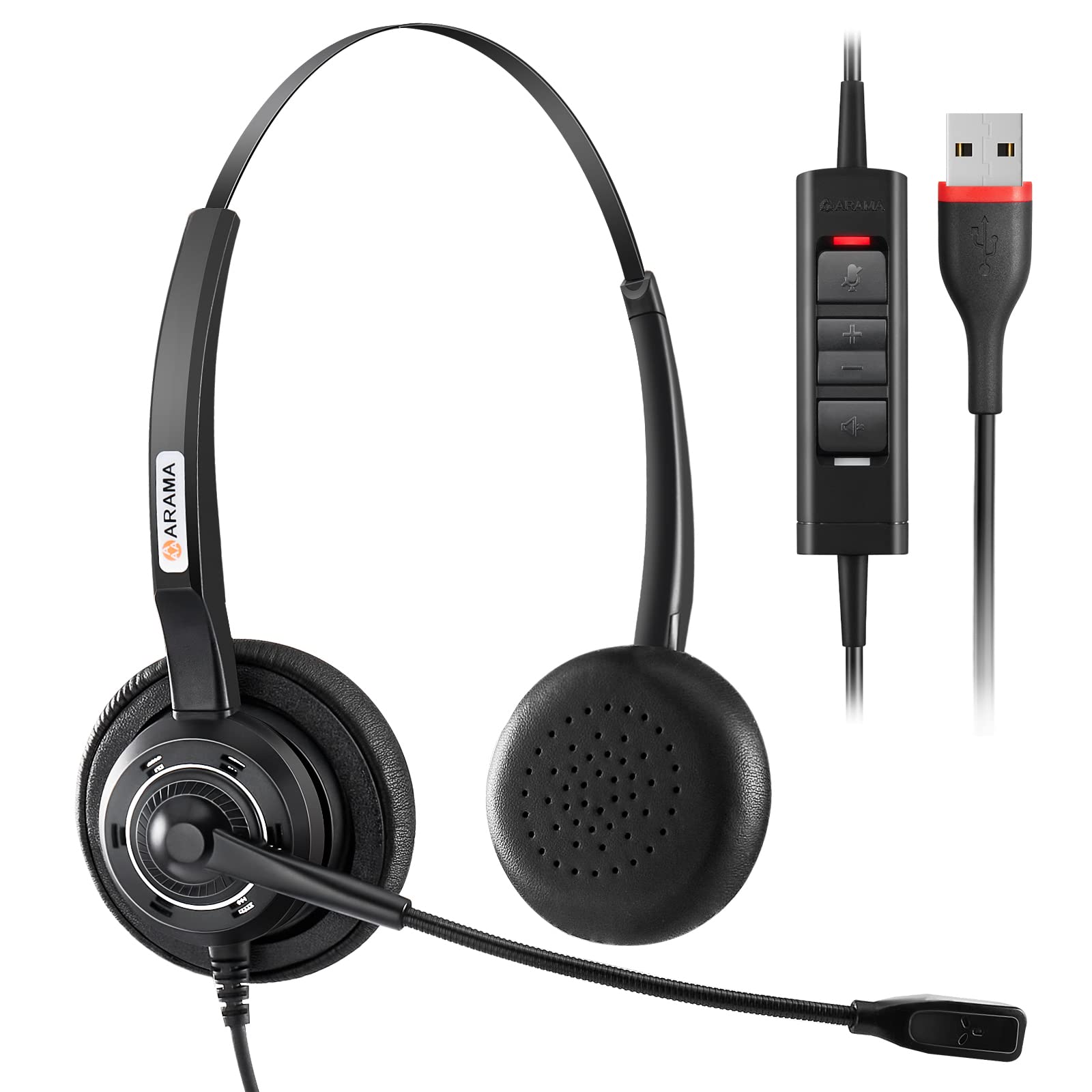 Arama USB Headset with Noise Cancelling Microphone & In-Line Volume Control - Stereo PC Headphones for Laptop, Computer, Business, Home Office - Ideal for Call Center, Skype, Zoom Meetings & Online Chat (Lightweight Design)