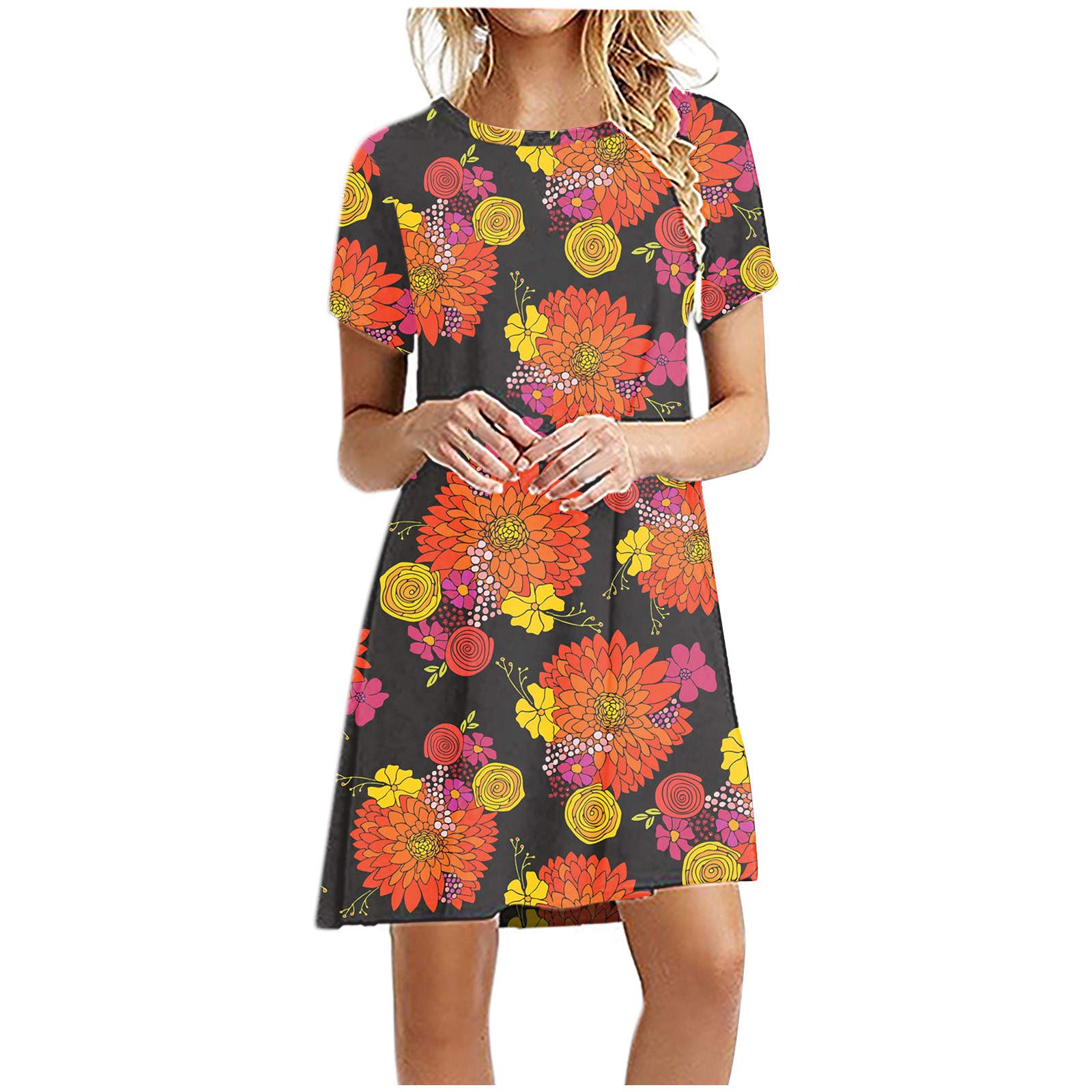 Women's Floral Print Mini Dress - Short Sleeve Loose Fit Casual Summer Dress for Beach, Party & Everyday Wear