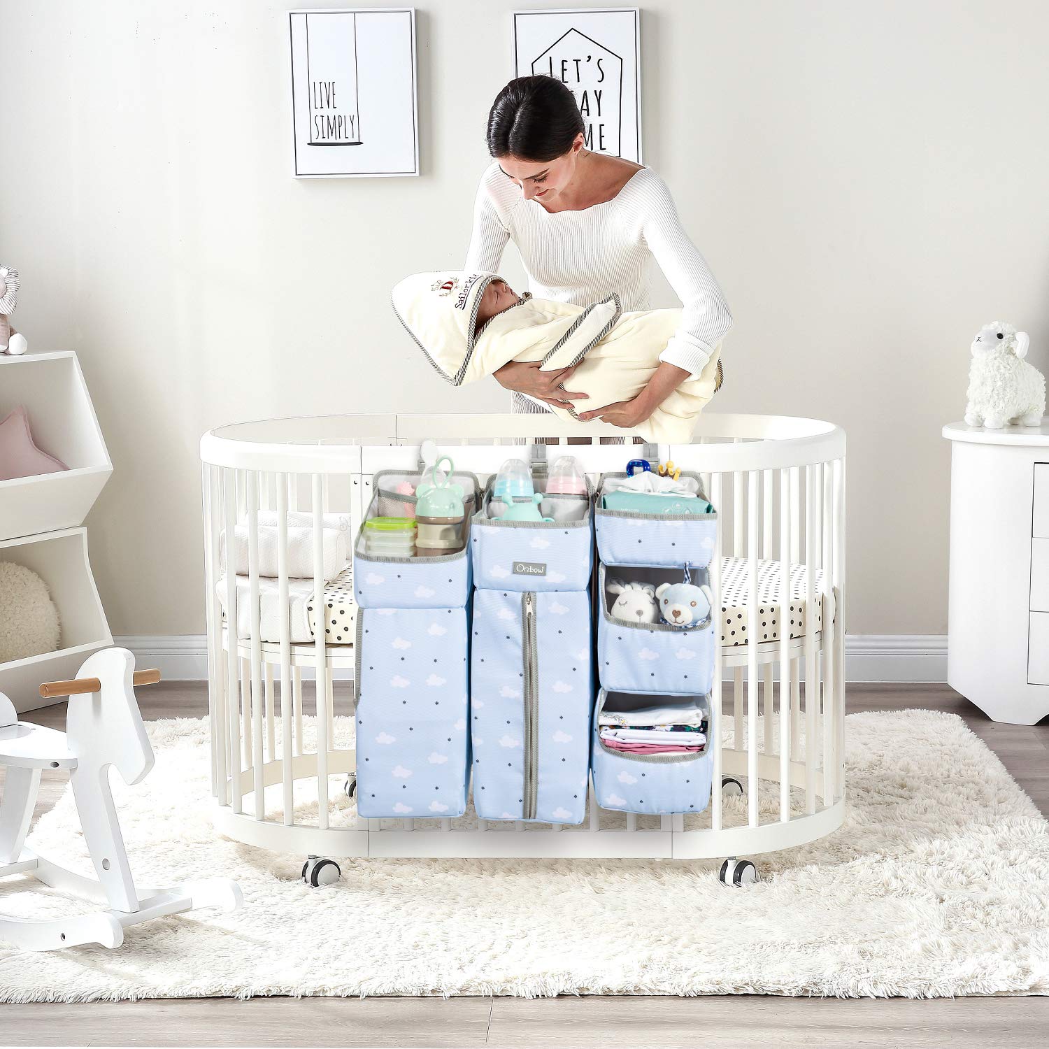 Orzbow 3-in-1 Hanging Baby Organizer & Diaper Caddy | Portable Nursery Storage for Diapers, Wipes & Essentials | Perfect for Crib, Changing Table or Nursery Wall (Blue) | Ideal for New Parents & Baby Showers