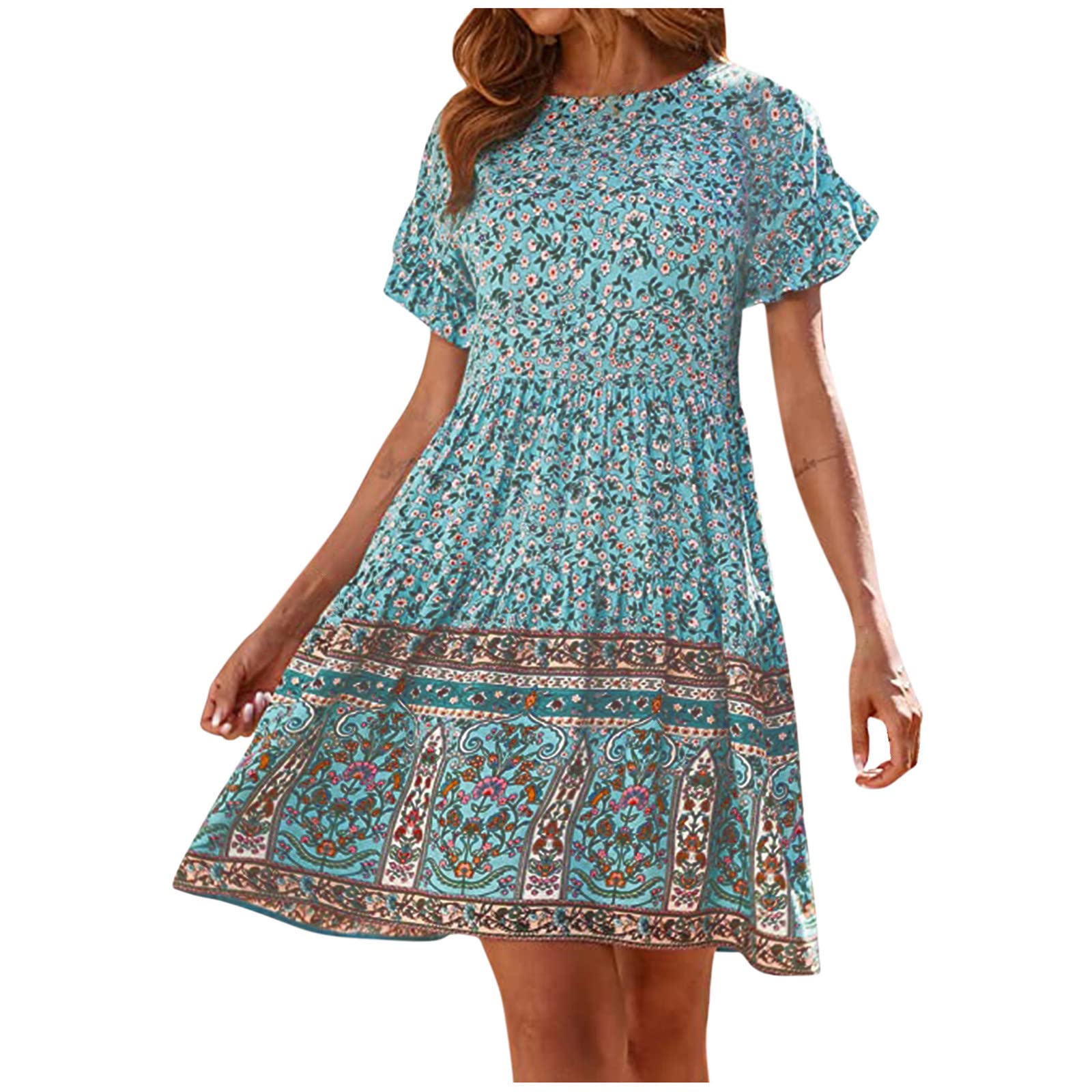 Boho Summer Dresses for Women 2022 - Vintage Peplum Short Sleeve Beach Dress with Ruffle Hem & Round Neck | Perfect for Vacations, Music Festivals & Casual Outings