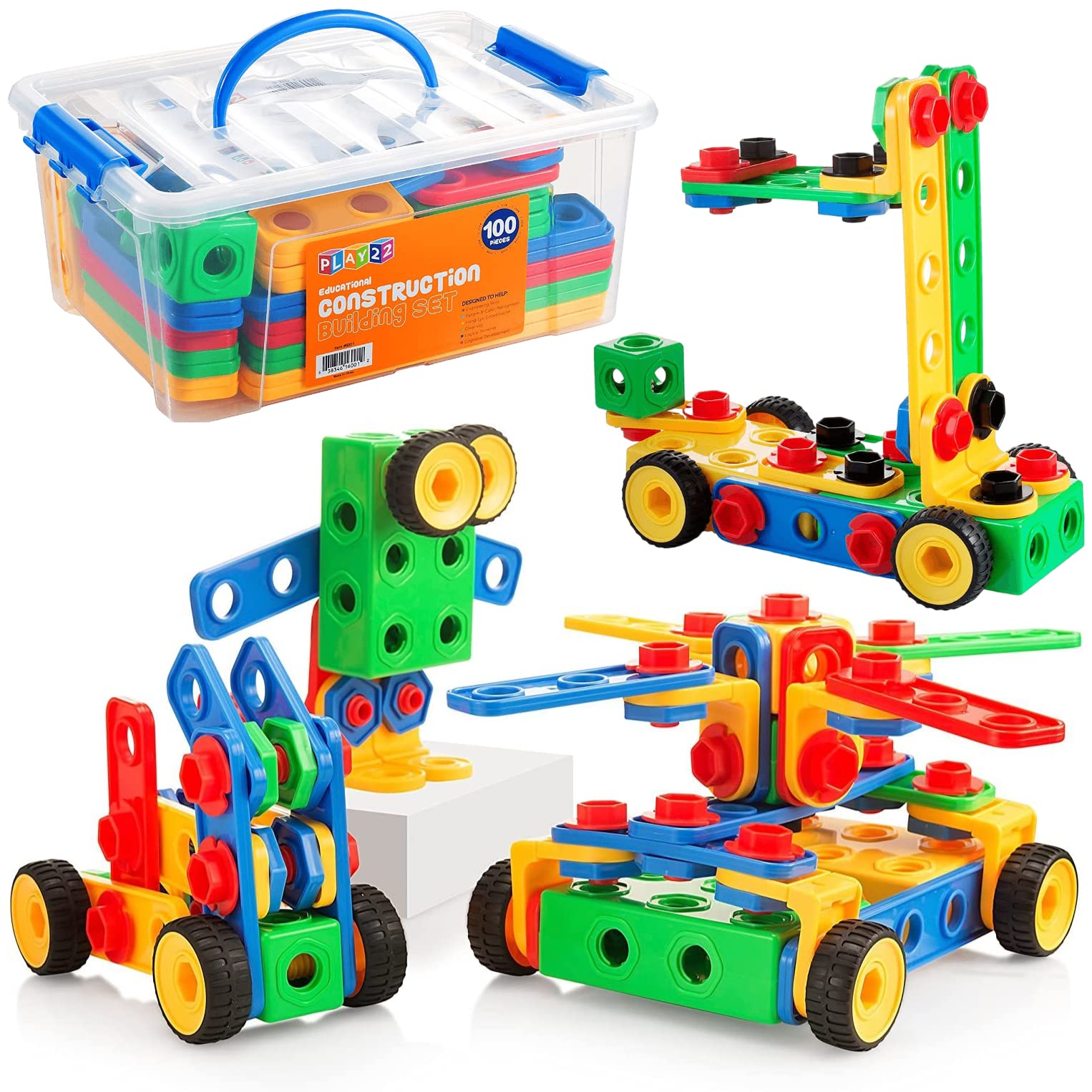 Play22 100-Piece STEM Building Blocks for Kids Ages 3-10 | Educational Construction Toy Set with Storage Box | Creative Learning Toys for Boys & Girls | Perfect for Classroom, Birthday Gifts & Indoor Playtime