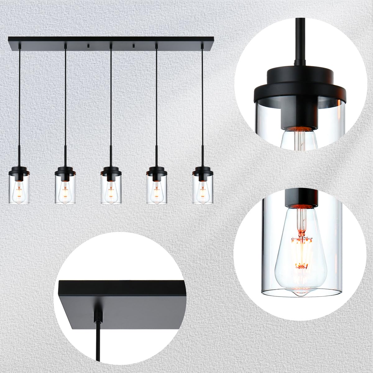 Modern Industrial Farmhouse Chandelier - Black Linear Pendant Light with Clear Glass Shade for Dining Room, Kitchen Island & Foyer | Rustic Ceiling Lighting Fixture for Home Decor & Restaurant Ambience