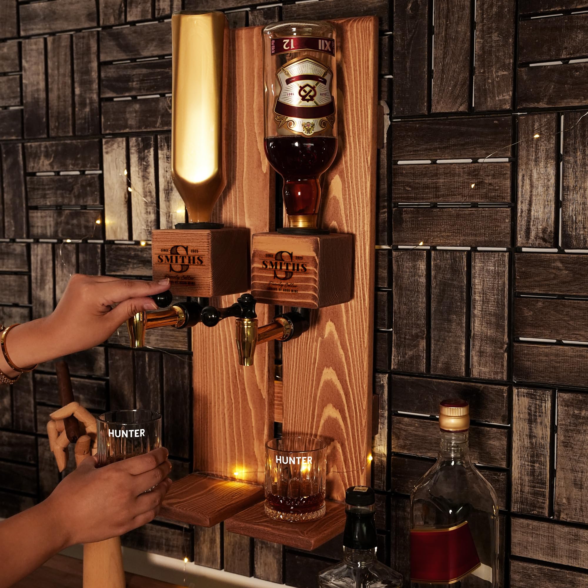 Personalized Wooden Wall Mounted Whiskey Dispenser - Custom Engraved Liquor Decanter for Home Bar, New Home Gift, Wedding Present & Engagement Gift | Perfect for Home Decor, Man Cave & Entertaining Guests