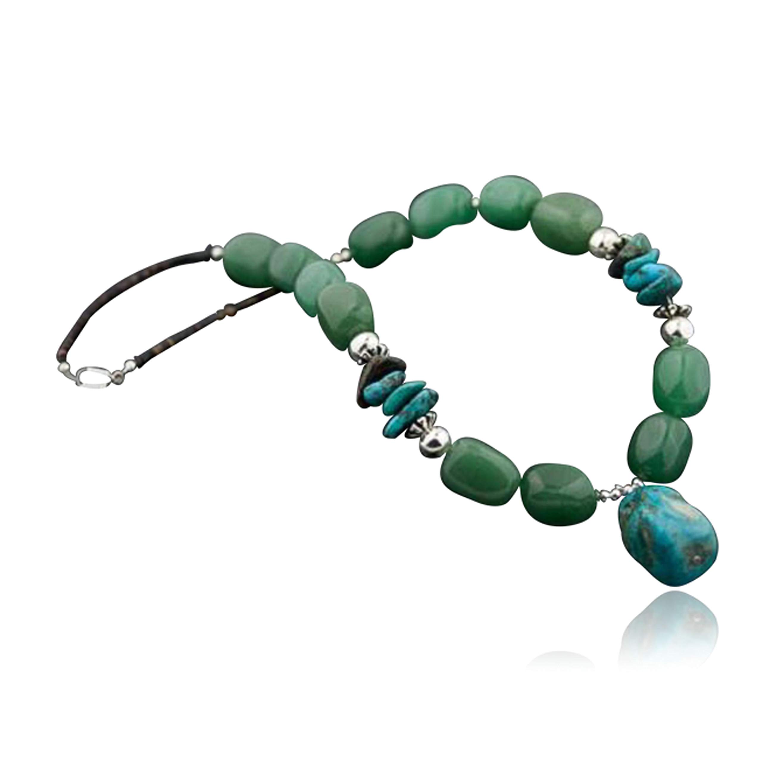 Authentic Navajo Turquoise & Green Jade Sterling Silver Necklace - Handcrafted by Loma Siiva - Perfect for Boho Fashion, Native American Jewelry Collectors & Special Occasions