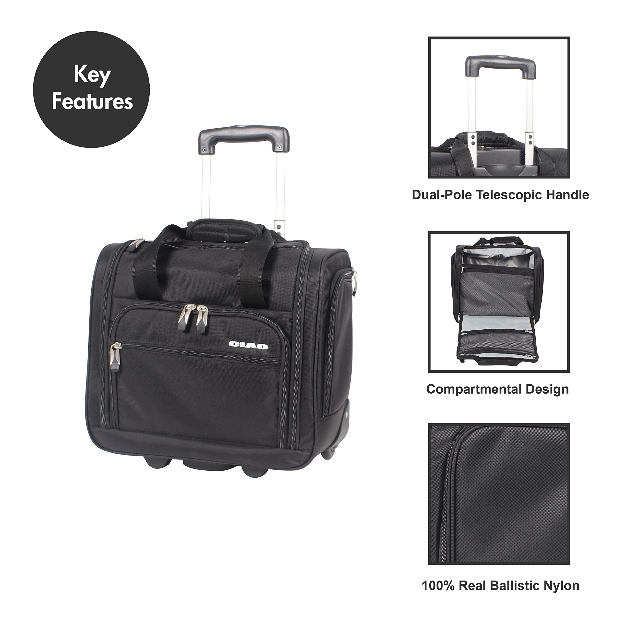 15 Inch Under Seat Carry-On Luggage with Rolling Wheels - Lightweight Travel Suitcase for Airplane, Business Trips & Weekend Getaways