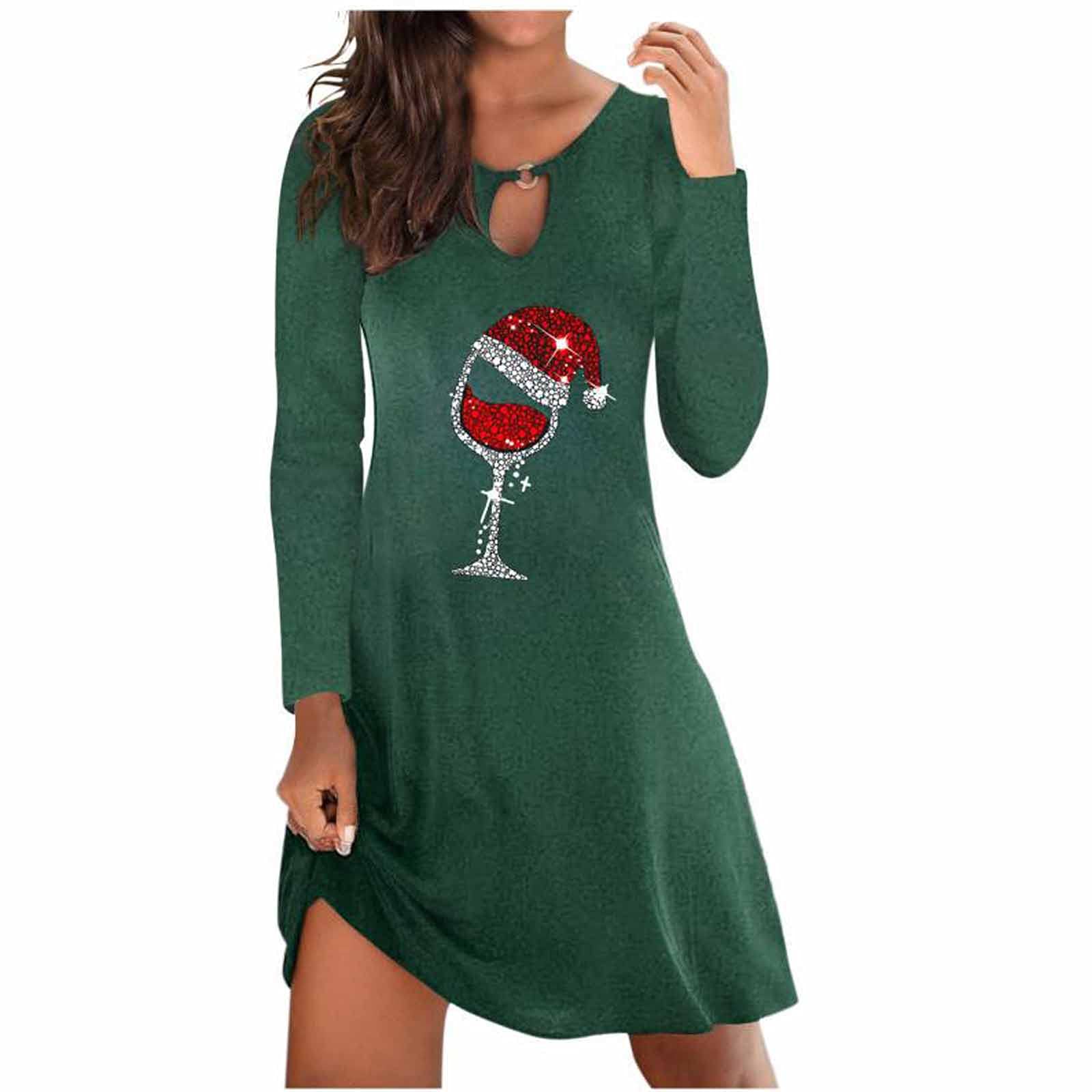 Pompotops Women's Wine Print Long Sleeve Sexy Party Dress - Elegant Holiday Christmas Cocktail Attire for Evening Events & Date Nights