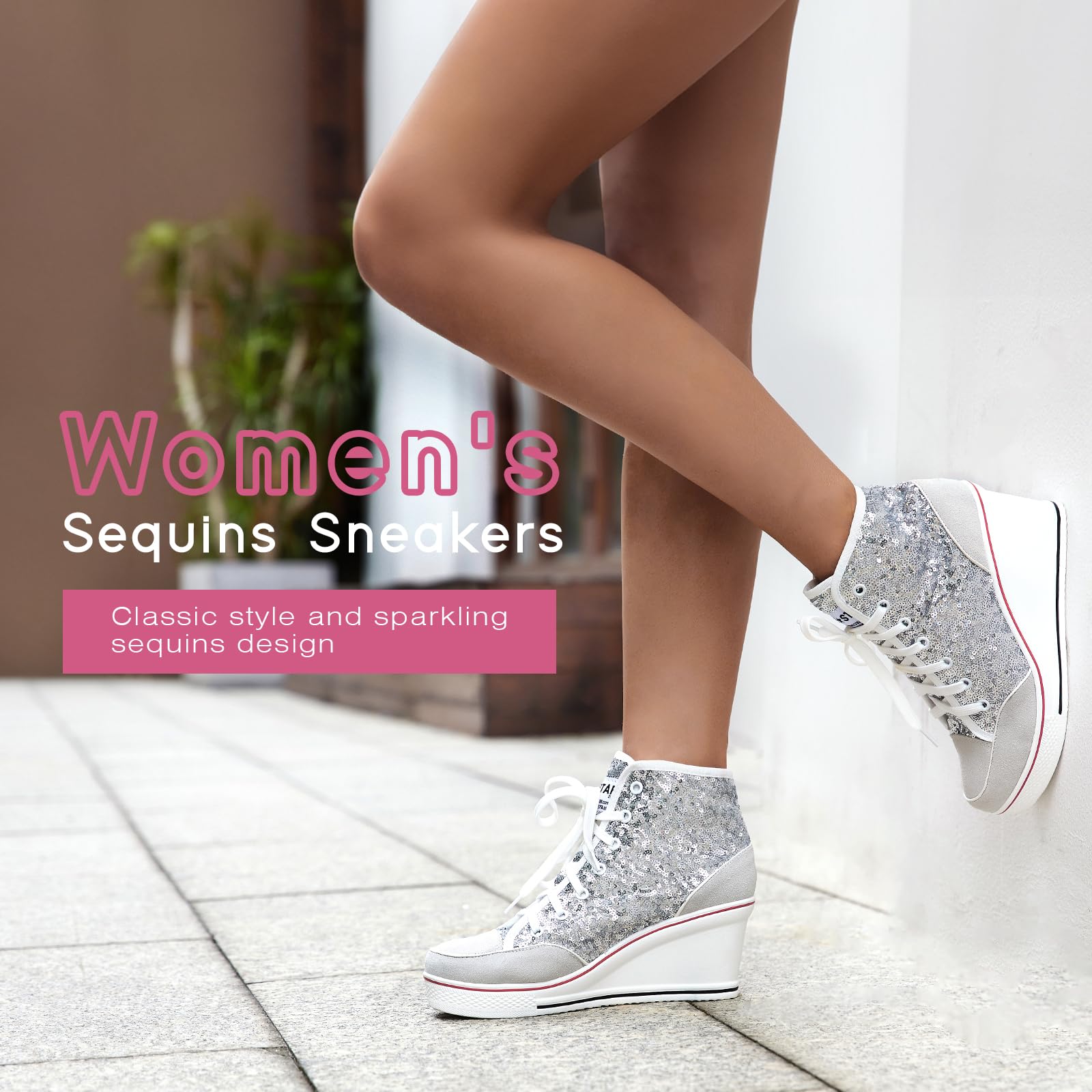 Sparkly Sequin High Top Lace Up Sneakers for Women - Glitter Platform Wedge Shoes for Wedding, Party & Dressy Occasions | Bling Tennis Shoes for Casual Wear & Dance