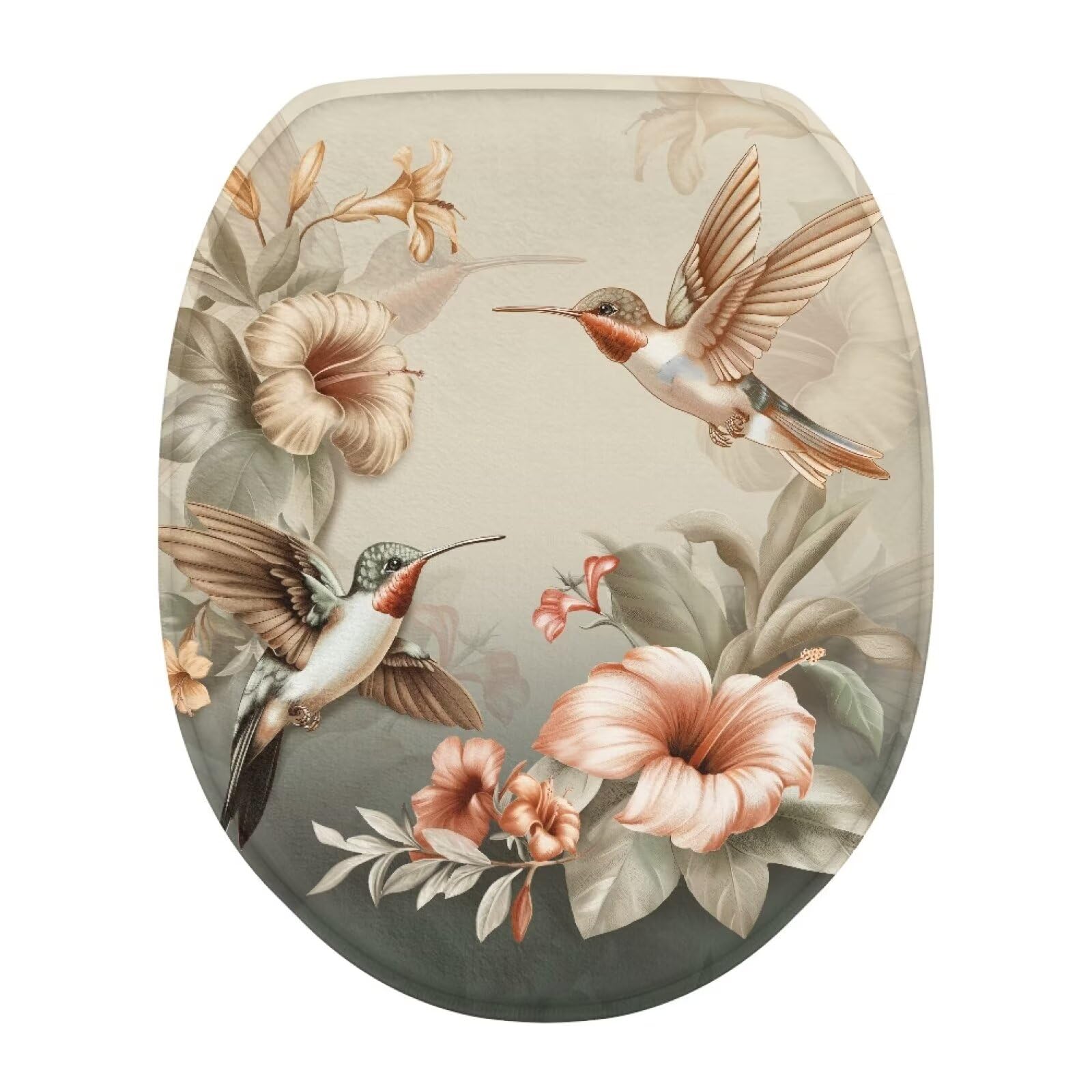 Vintage Floral Hummingbird Toilet Seat Cover - Soft Flannel Elastic Toilet Lid Cover - Machine Washable Bathroom Decor - Fits Round, Elongated & Oblong Toilets - Perfect for Farmhouse, Cottage & Boho Bathroom Decor