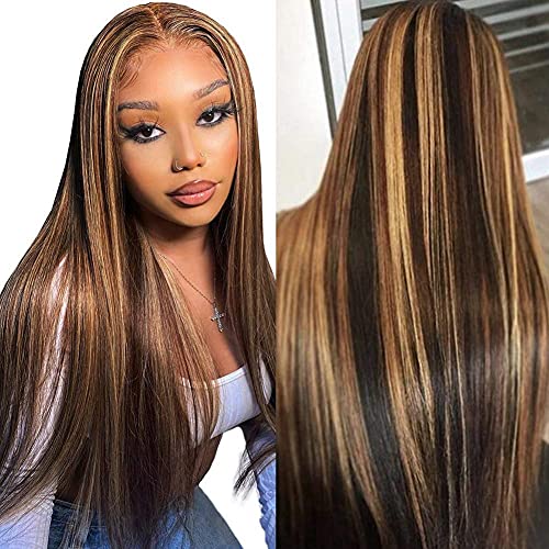 SBY Ombre Blonde Highlight 13x6 Lace Front Human Hair Wig for Black Women - Brazilian Remy Straight Long Wig with Pre-Plucked Hairline & Baby Hair (14 Inch, Brown Mixed Color) | Perfect for Daily Wear, Cosplay & Special Occasions