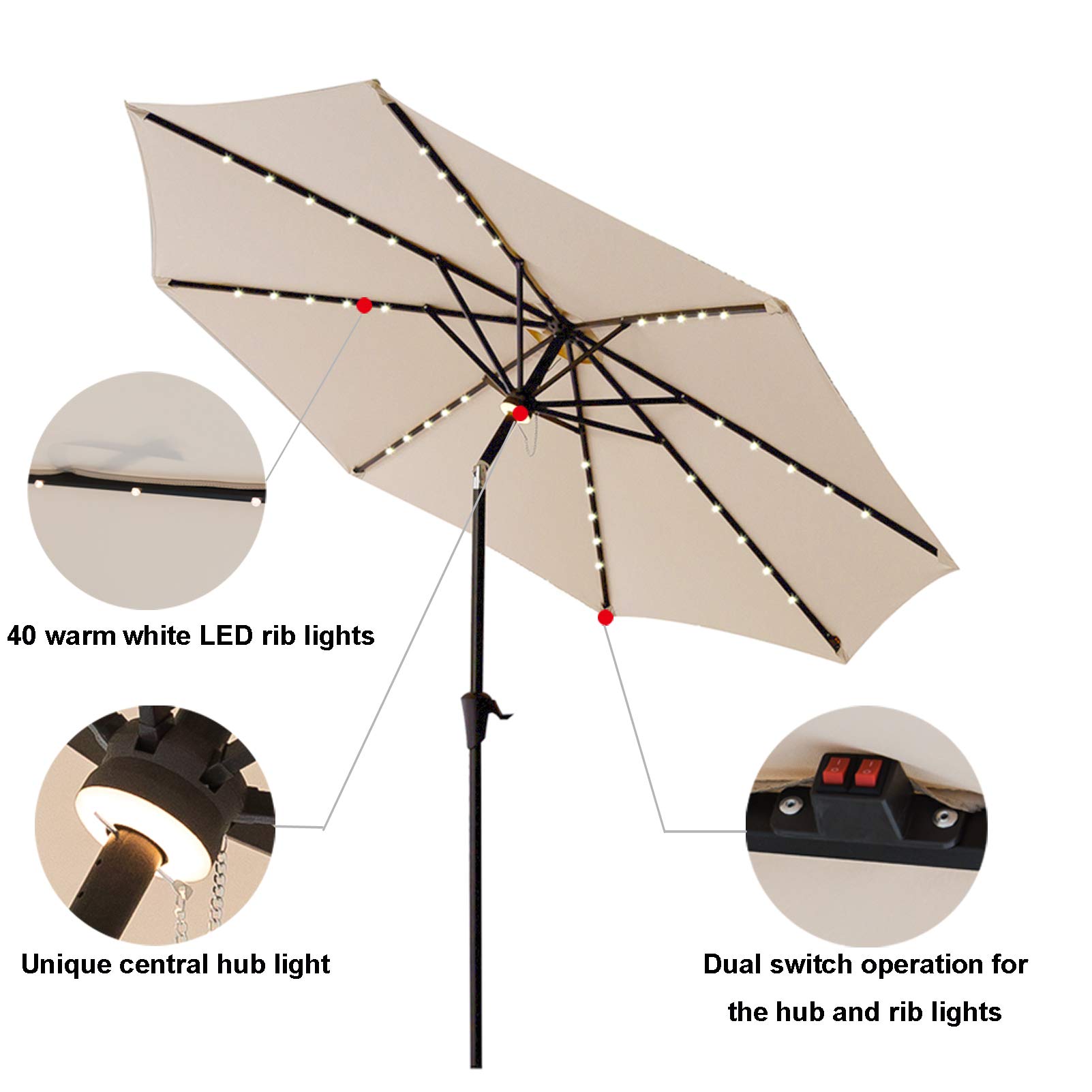 11 ft Solar LED Patio Umbrella with Tilt - Outdoor Market Table Umbrella for Garden, Poolside & Backyard - Waterproof & Windproof Sun Shade for Deck, Restaurant & Commercial Use