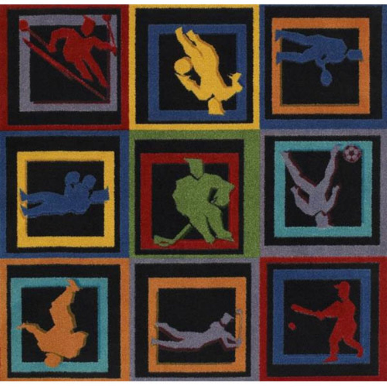 Joy Carpets Sports Fan Let The Games Begin Multicolored Area Rug - Perfect for Game Rooms, Living Rooms, and Sports-Themed Spaces