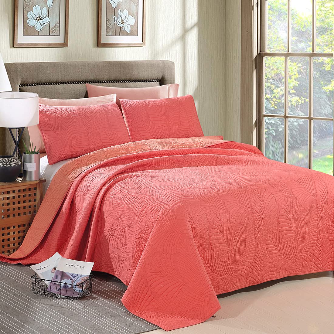VCTOPS 3-Piece 100% Cotton Quilt Set with Leaves Texture - Oversize Queen Size Bedspread, Coverlet & 2 Pillow Shams (Pink) | Soft & Breathable Bedding for Cozy Home Decor, Guest Room & Master Bedroom