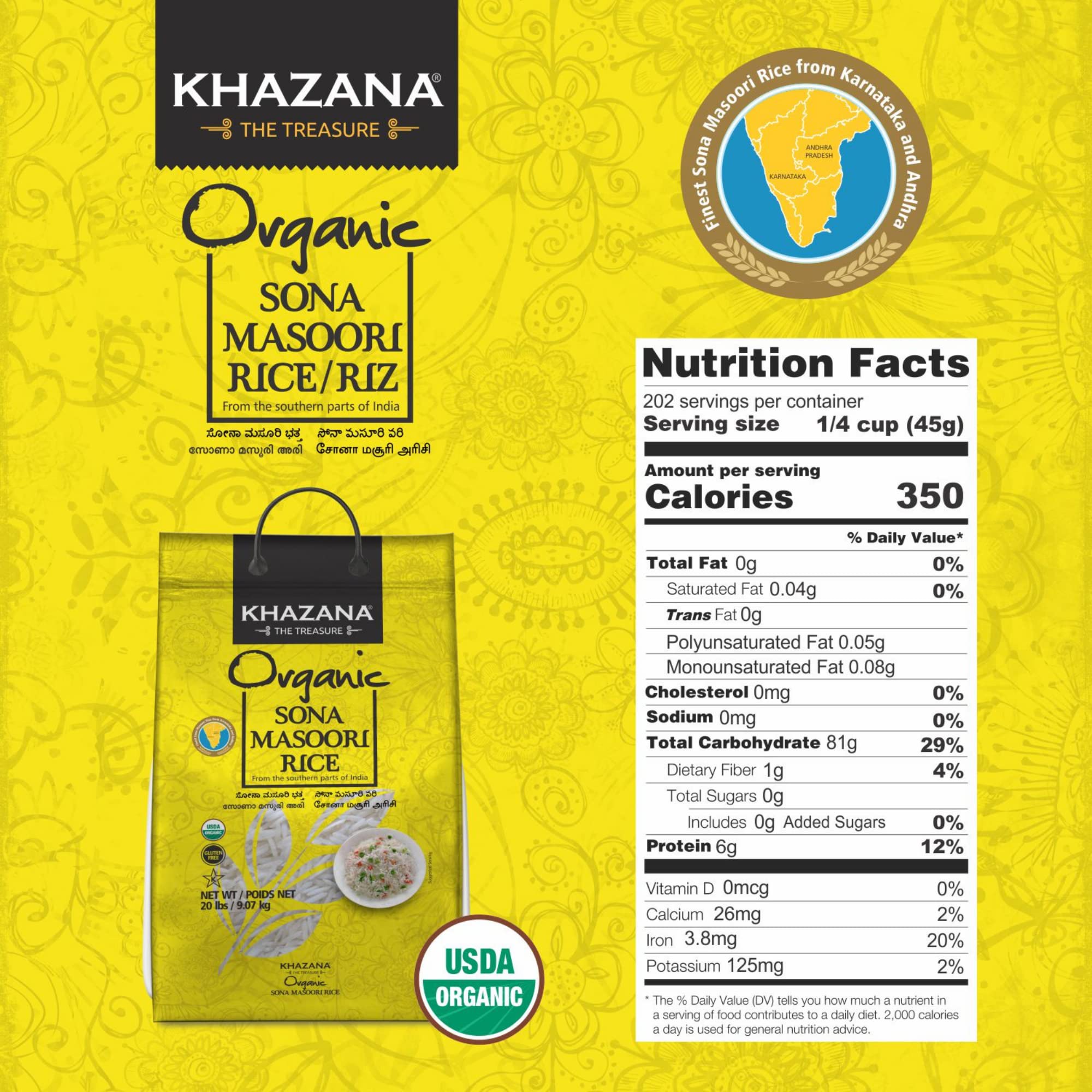 Khazana Organic Sona Masoori Rice - 20 lb Bag | Aromatic Indian Basmati Rice | Non-GMO, Gluten-Free, Kosher, Cholesterol Free | Perfect for Biryani, Pulao & Daily Meals