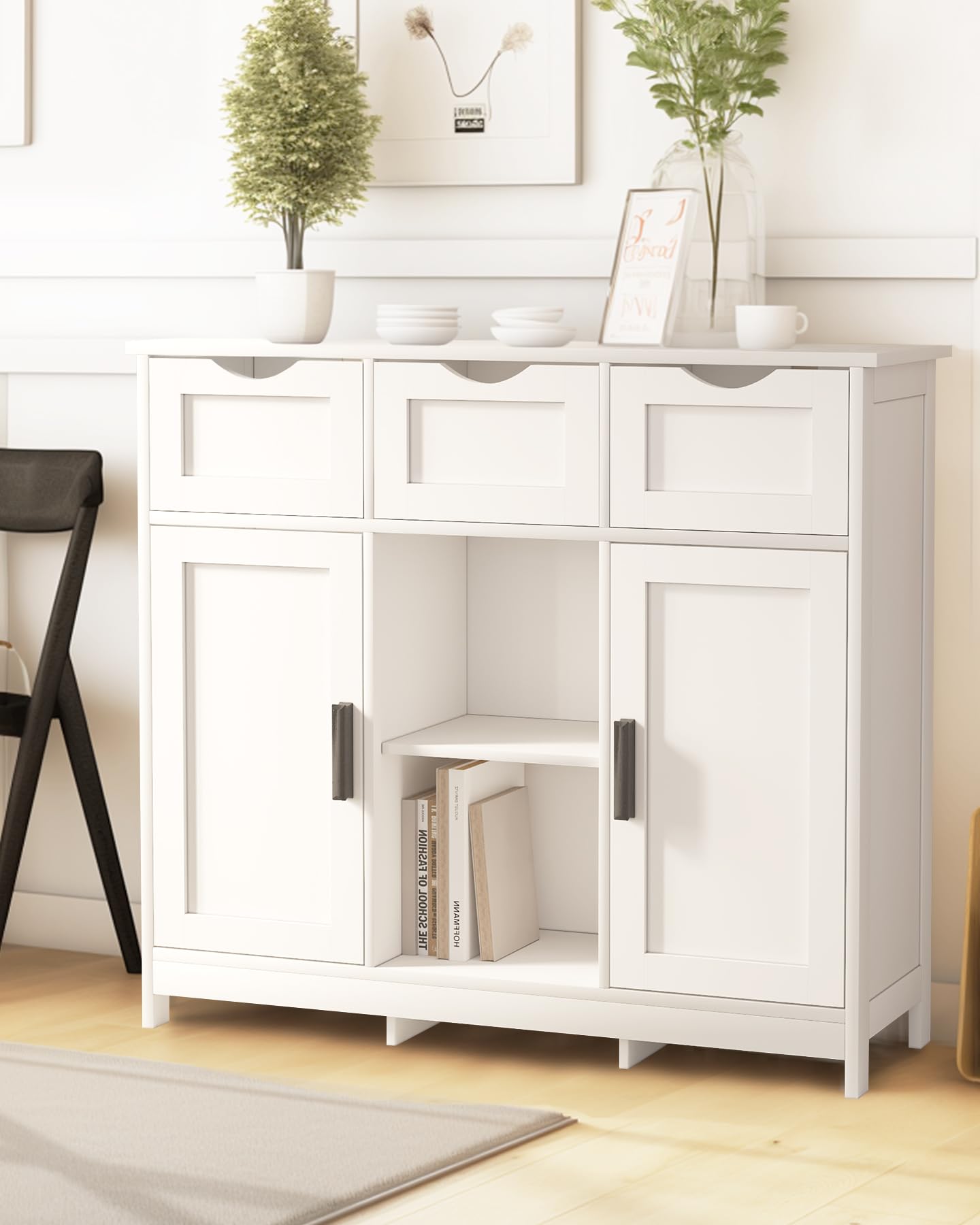 Wooden Storage Cabinet with Drawers & Shelves - Living Room, Bedroom, Bathroom Furniture (White)