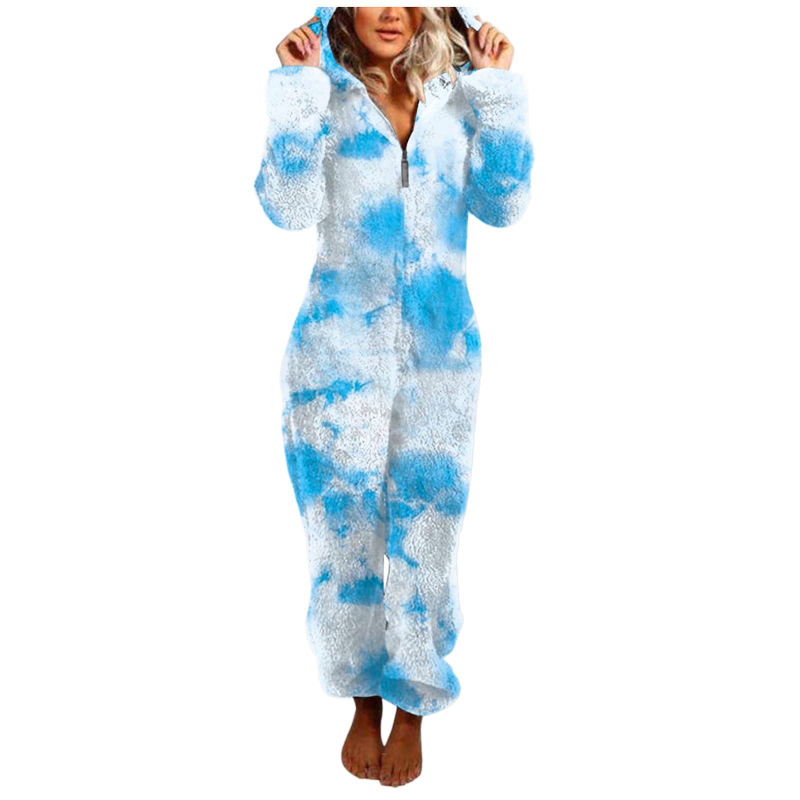 Misaky Women's Winter Jumpsuit - Long Sleeve Hooded Romper Pajamas, Soft Fleece Warm Zipper Onesie (Blue, Size S) | Cozy Loungewear for Cold Weather, Home Relaxation & Sleepwear