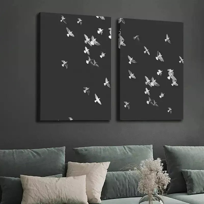 2pcs Black and White Minimalist Flying Bird Canvas Wall Art - 50x75cm Framed Birds Illustration Print | High Quality 100% Australian Made | Ready to Hang for Living Room, Bedroom & Office Decor