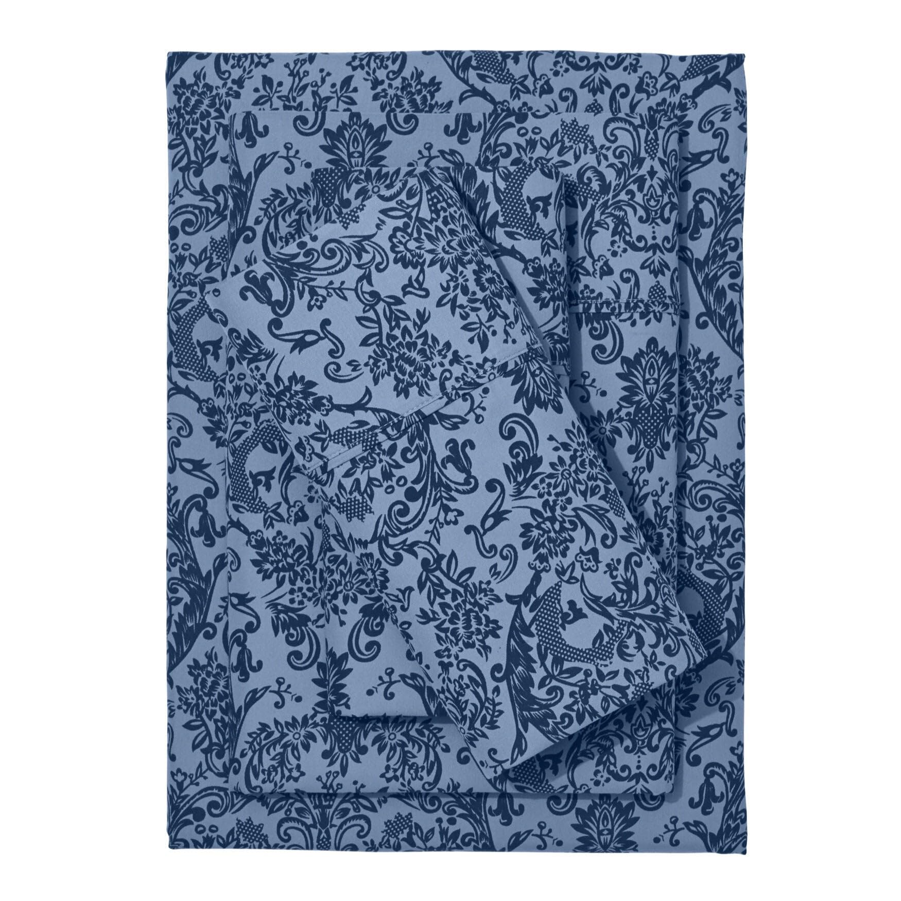 BrylaneHome Printed Damask 6-Piece Queen Size Sheet Set - Blue Shadow Damask Floral Bedding for Comfortable Sleep & Luxury Bedroom Decor