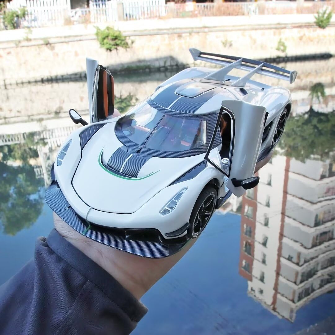 1/24 Scale Koenigsegg Jesko Metal Die Cast Toy Car - Pull Back Action with Light & Sound - Collectible Model Car for Boys Age 3+ (White) - Perfect Birthday Gift & Race Track Play for Kids