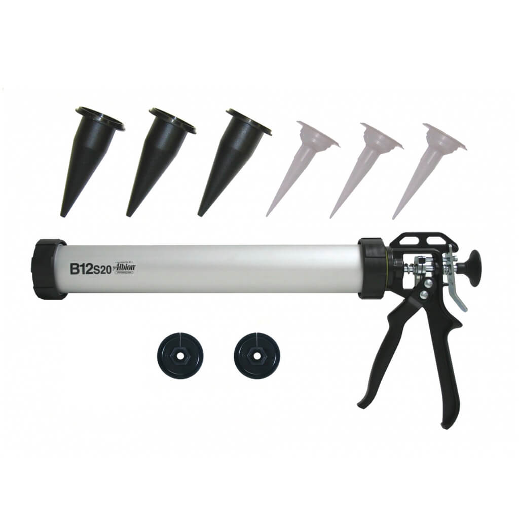 Albion B12S20 20 oz. / 600mL Heavy Duty Manual Caulking Gun Kit - 12:1 Thrust Ratio, Metal Sausage Loading, Includes 11 Accessories for Sealant & Adhesive Applications (Perfect for Construction, Home Repairs & DIY Projects)