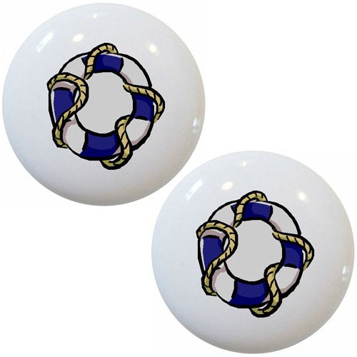 Set of 2 Blue Nautical Life Preserver Ceramic Drawer Knobs - Perfect for Beach House Decor, Bathroom Cabinets & Coastal Style Furniture Hardware
