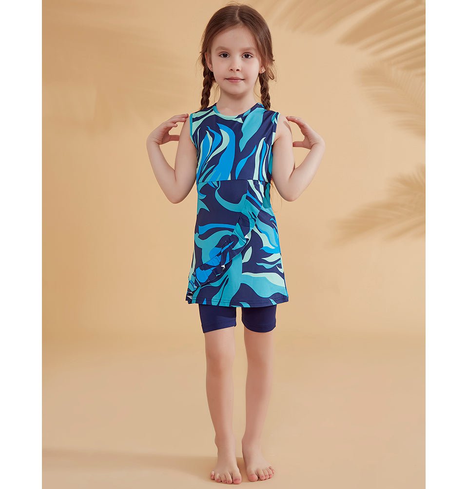 Modest Girls Swimsuit K2334 - Retro Blue One-Piece Bathing Suit for Kids | Beach, Pool & Summer Water Activities