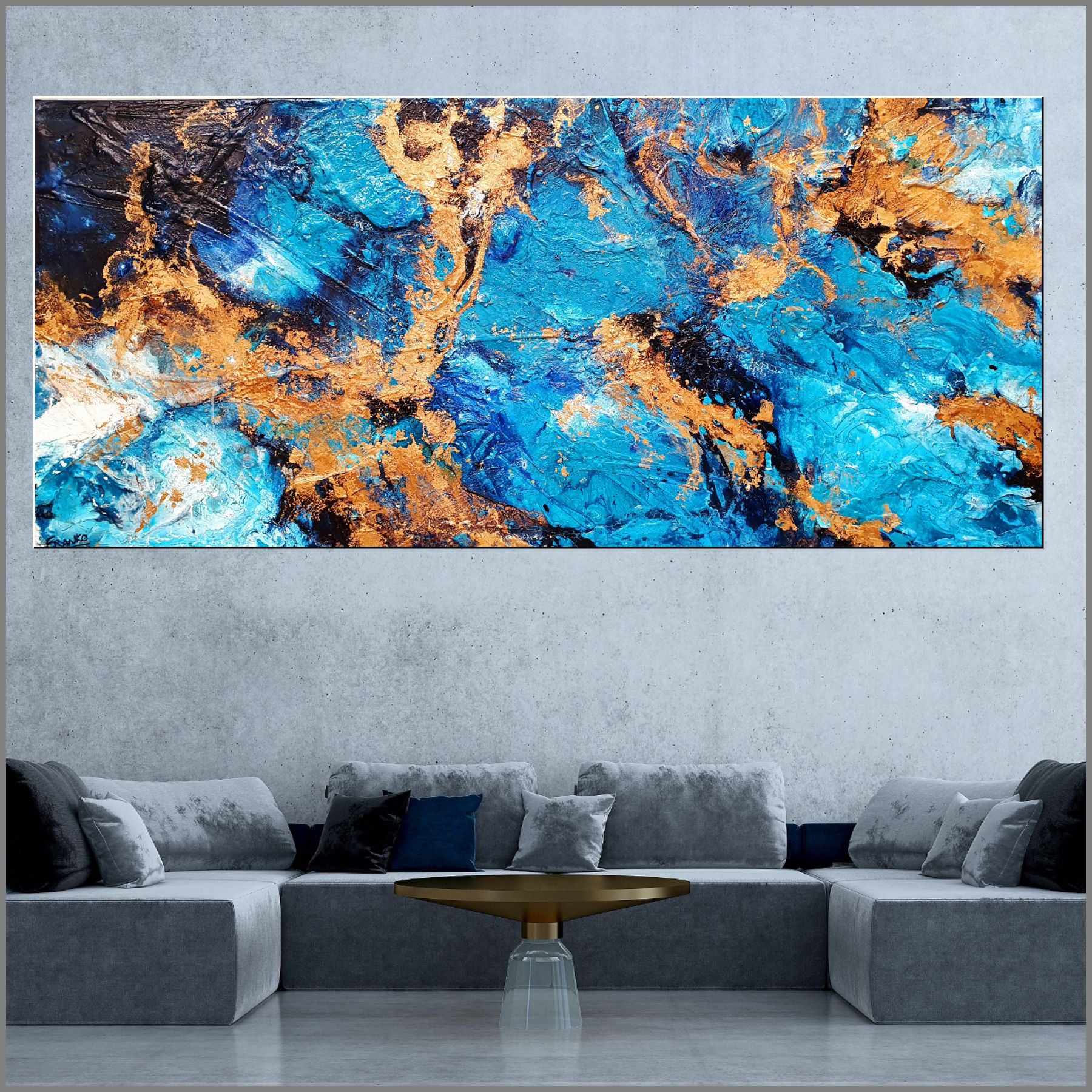 Royalty 270cm x 120cm Turquoise Metallic Gold Textured Abstract Canvas Wall Art - Large Modern Home Decor for Living Room, Bedroom, Office & Hotel