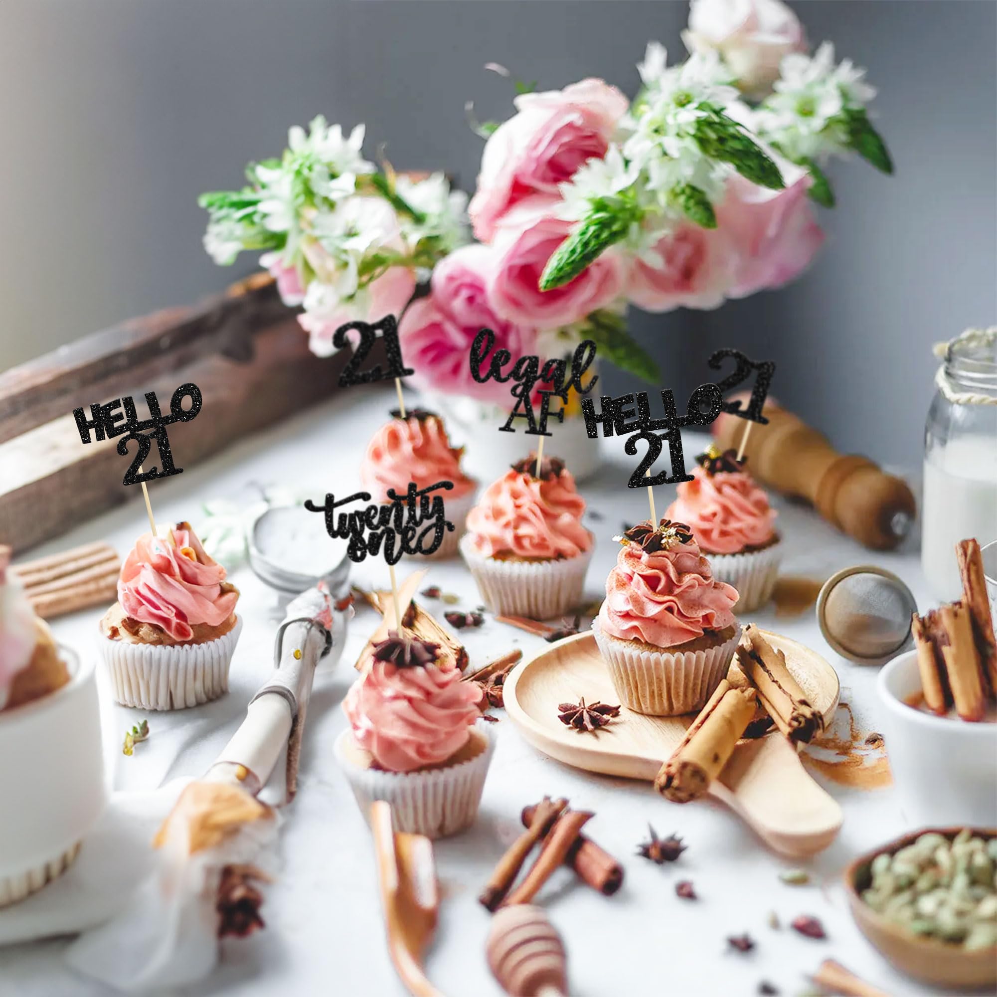 24Pcs Black Glitter 21st Birthday Cupcake Toppers - Legal Age Cake Decorations for 21st Birthday Party, Hello 21 Cupcake Picks - Perfect for Birthday Cakes, Cupcakes and Dessert Table Decorations