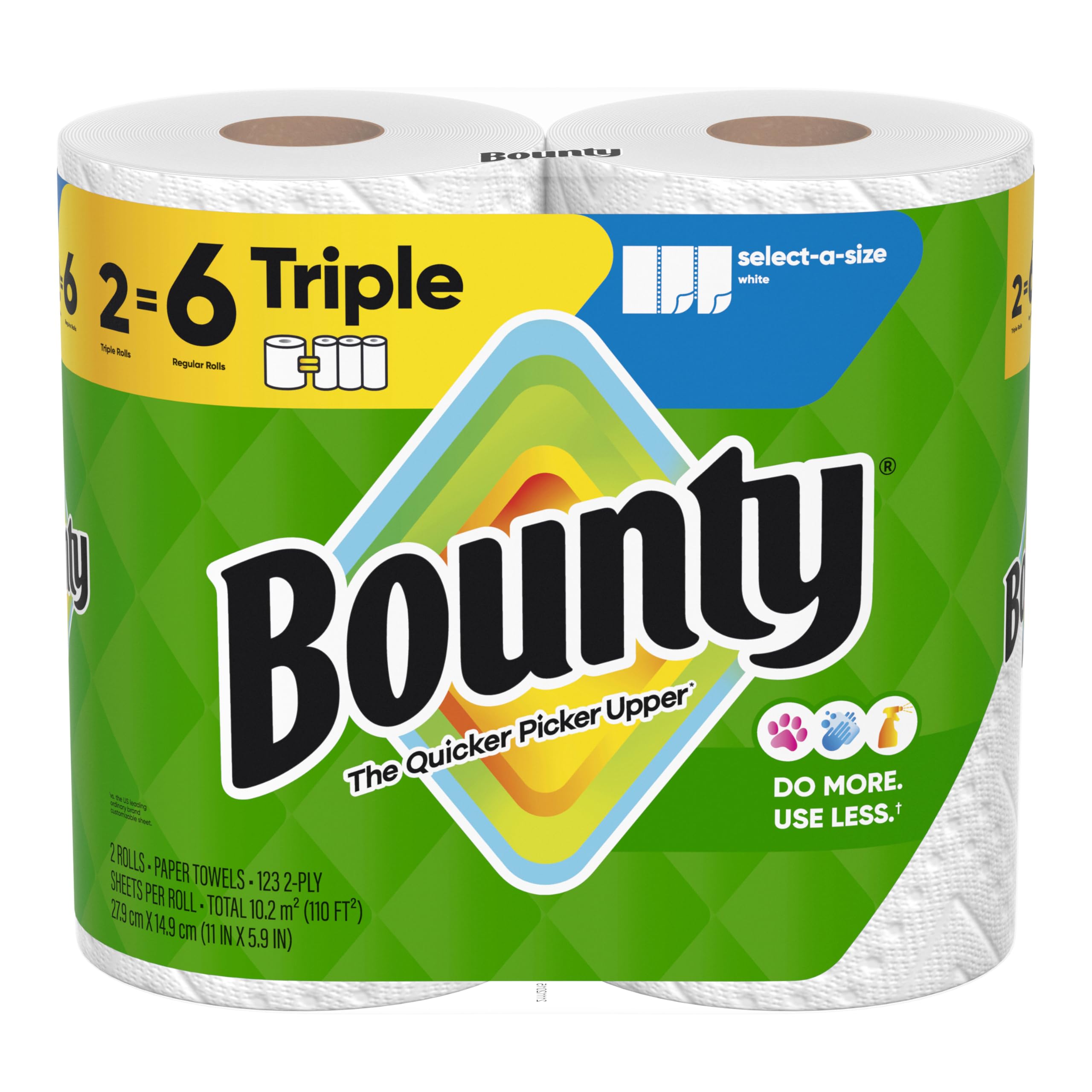 Bounty Select-A-Size Paper Towels | 2 Triple Rolls (6 Regular Rolls) | Super Absorbent & Strong | Perfect for Kitchen Cleaning, Spills & Household Use