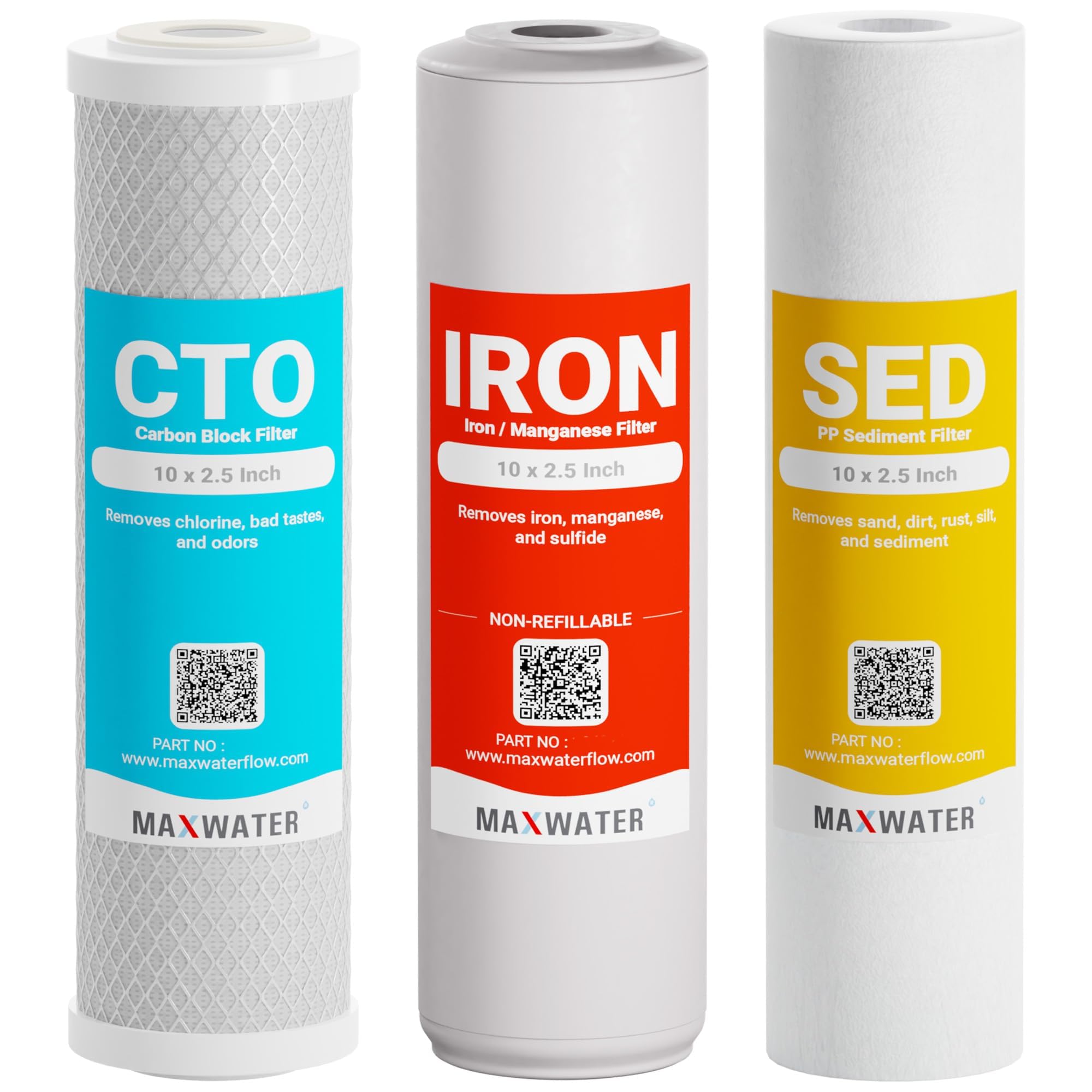 (3 Pack) Max Water Whole House Water Filter Replacement Set - Polypropylene Sediment, Iron Manganese & CTO Carbon Filters for Standard Whole House Systems | Improves Water Quality for Drinking, Cooking & Bathing