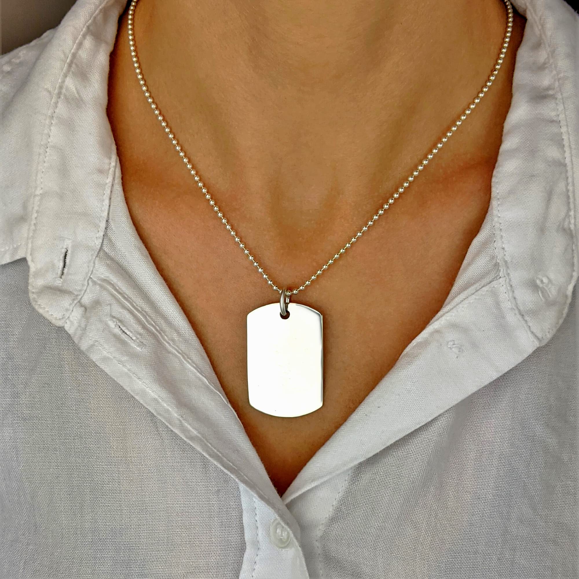 Silverly Women's 925 Sterling Silver Large Military Dog Tag Pendant with 180 Gauge Ball Chain Necklace, 46cm - Perfect for Everyday Wear, Gifts & Military-Inspired Fashion