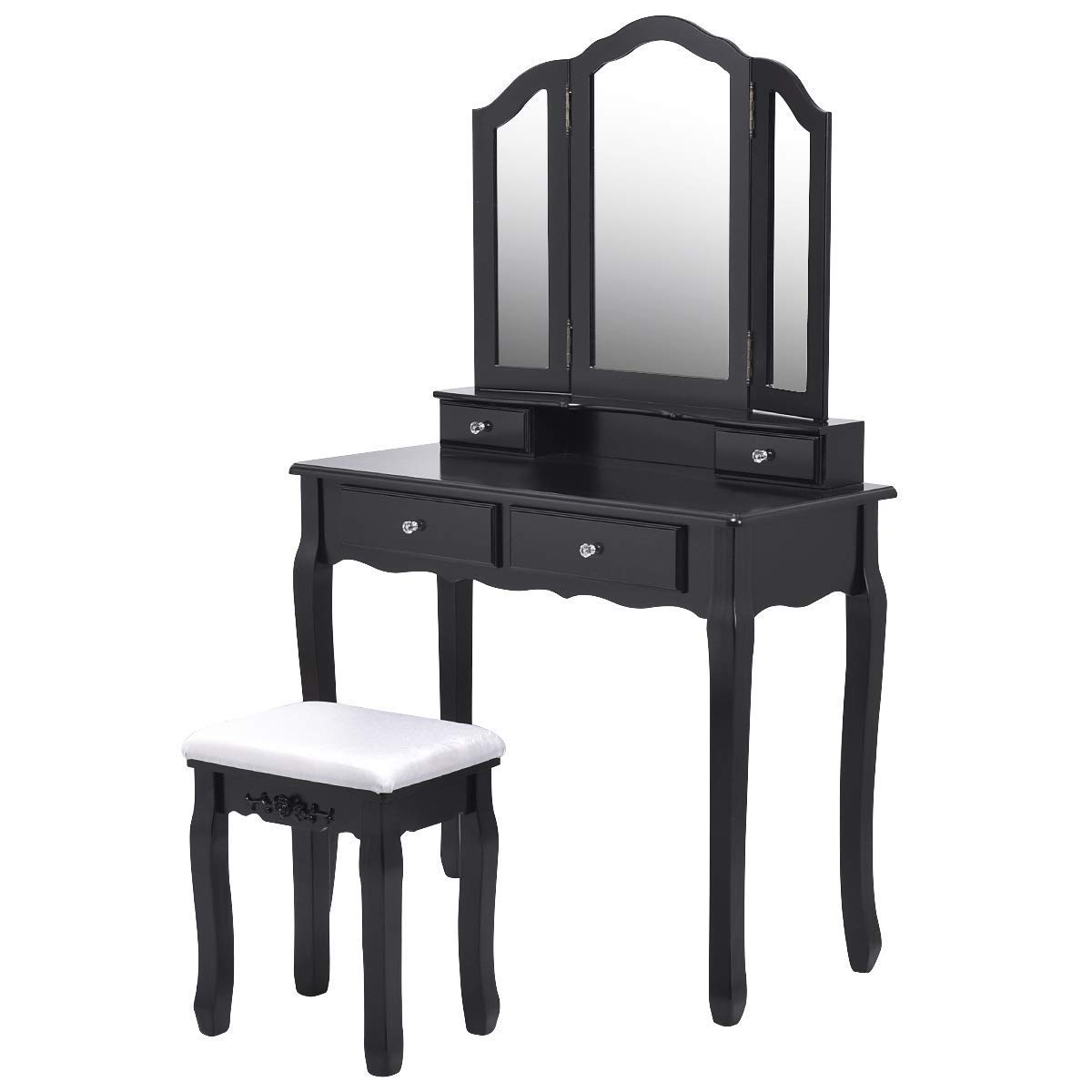 Casart Black Tri-Folding Mirror Bathroom Vanity Makeup Table with Stool Set - 4 Drawers Storage, Space Saving Dressing Table for Bedroom, Bathroom & Home Decor (Perfect for Makeup, Skincare & Jewelry Organization)