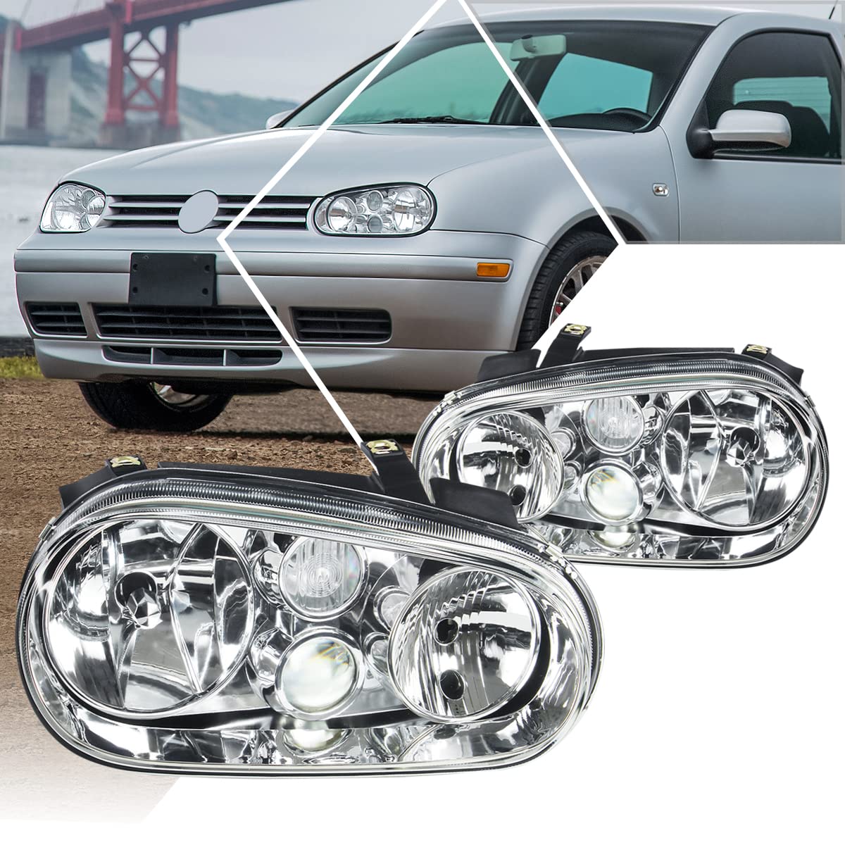 PM PERFORMOTOR 2Pcs LED Headlight Assembly with Projector Fog Lamps - Compatible with 1999-2006 VW Golf Cabrio, Chrome Housing - Upgrade for Night Driving & Enhanced Visibility